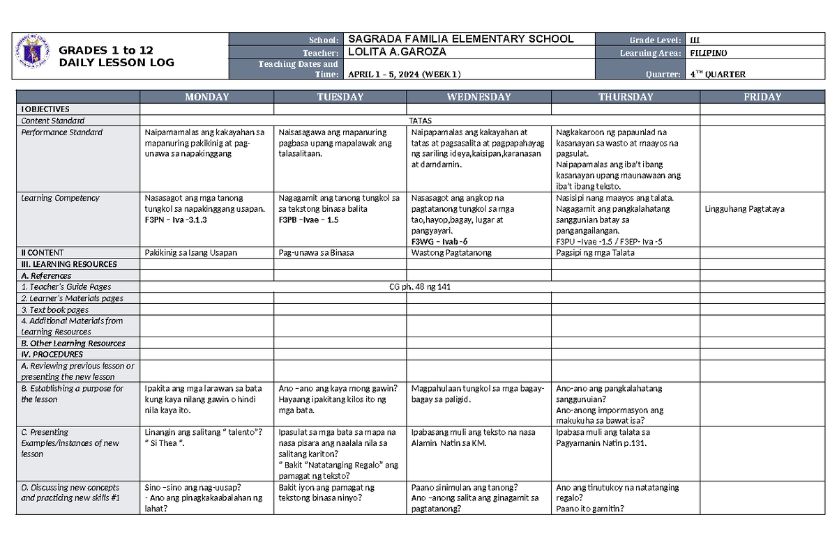 DLL Filipino 3 Q4 W1 - SDMSKJDGJKSHG - GRADES 1 to 12 DAILY LESSON LOG ...