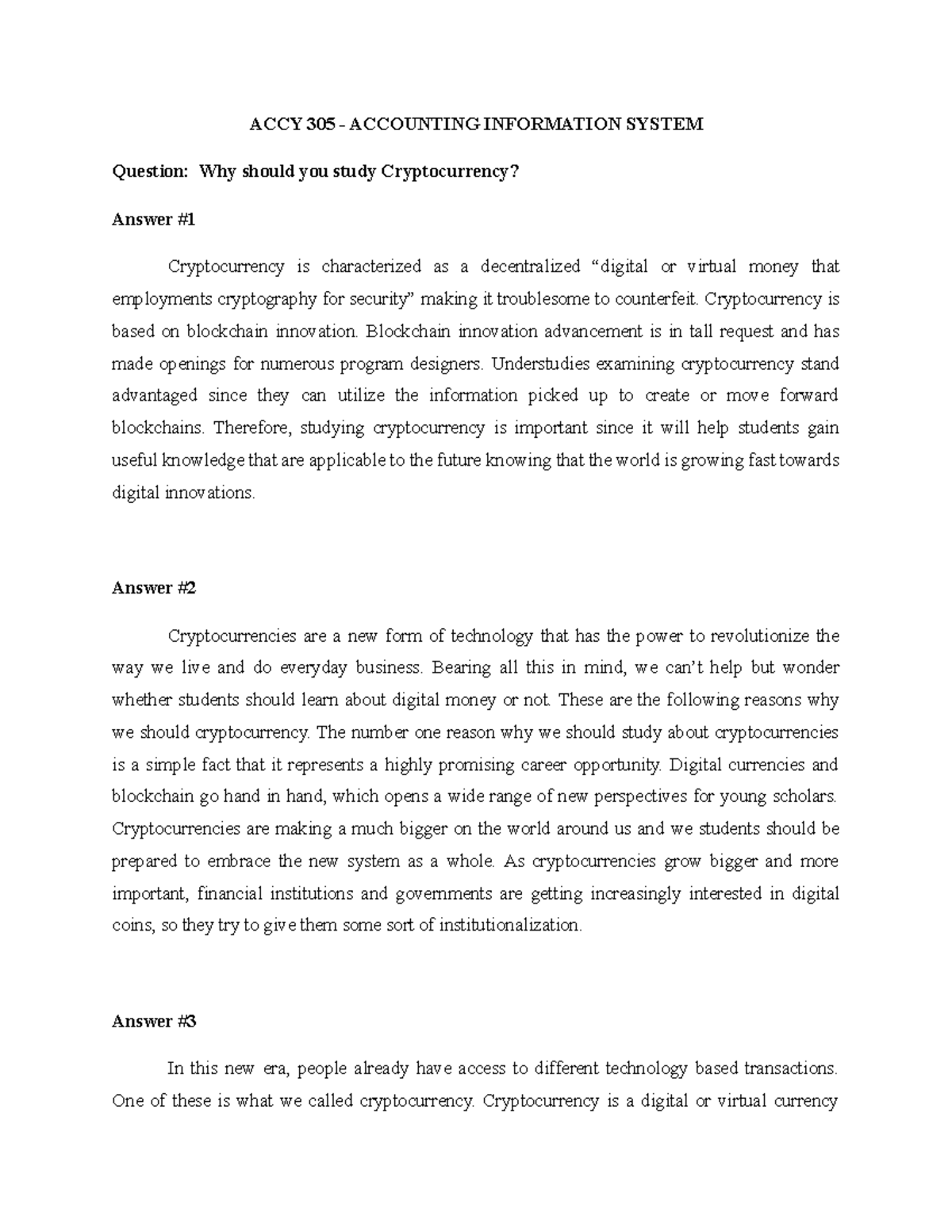 ACCY 305 - Why study Cryptocurrency - Accounting Information System ...