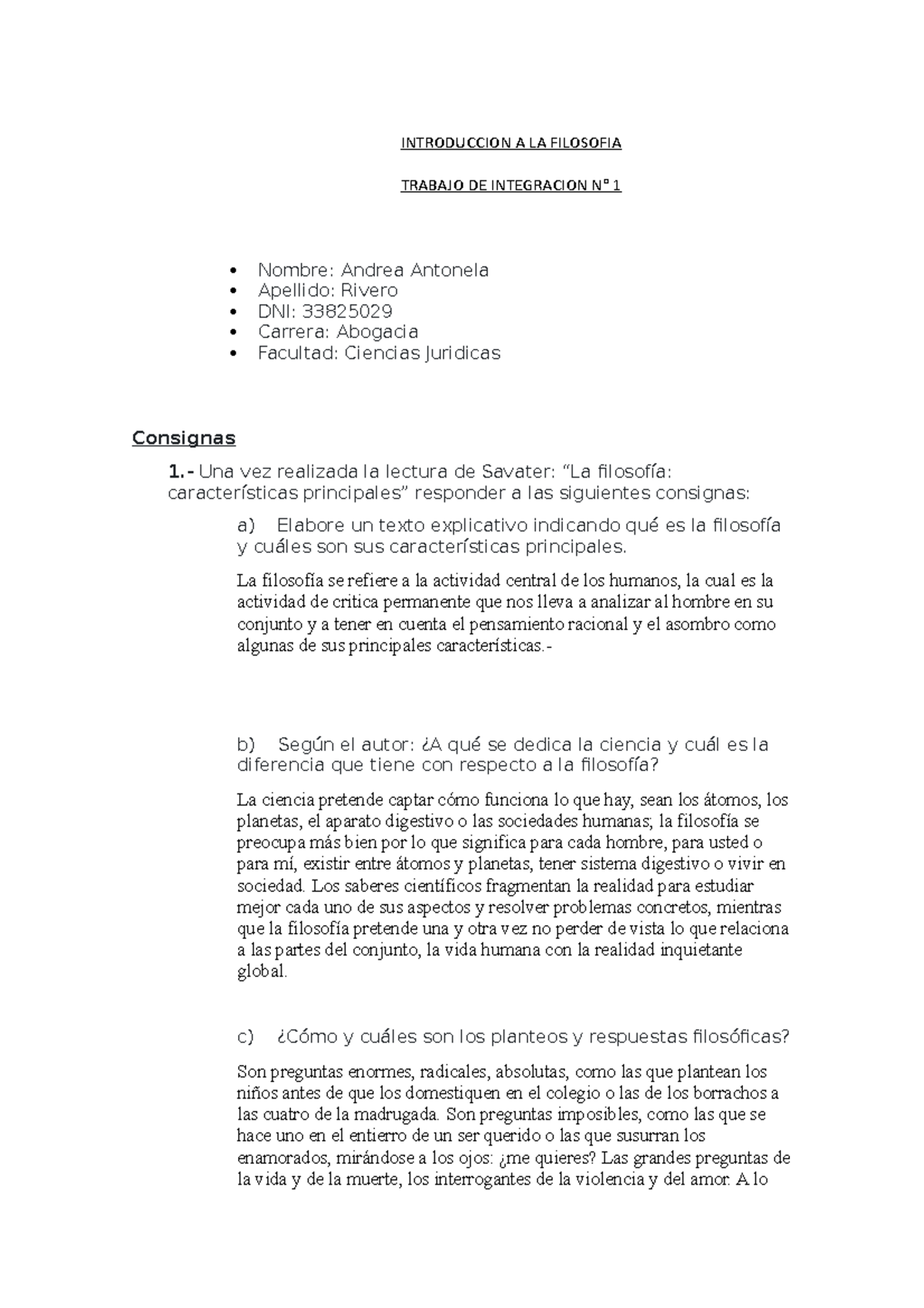 Trabajo Practico N 1 Filosofia INTRODUCCION A LA FILOSOFIA TRABAJO