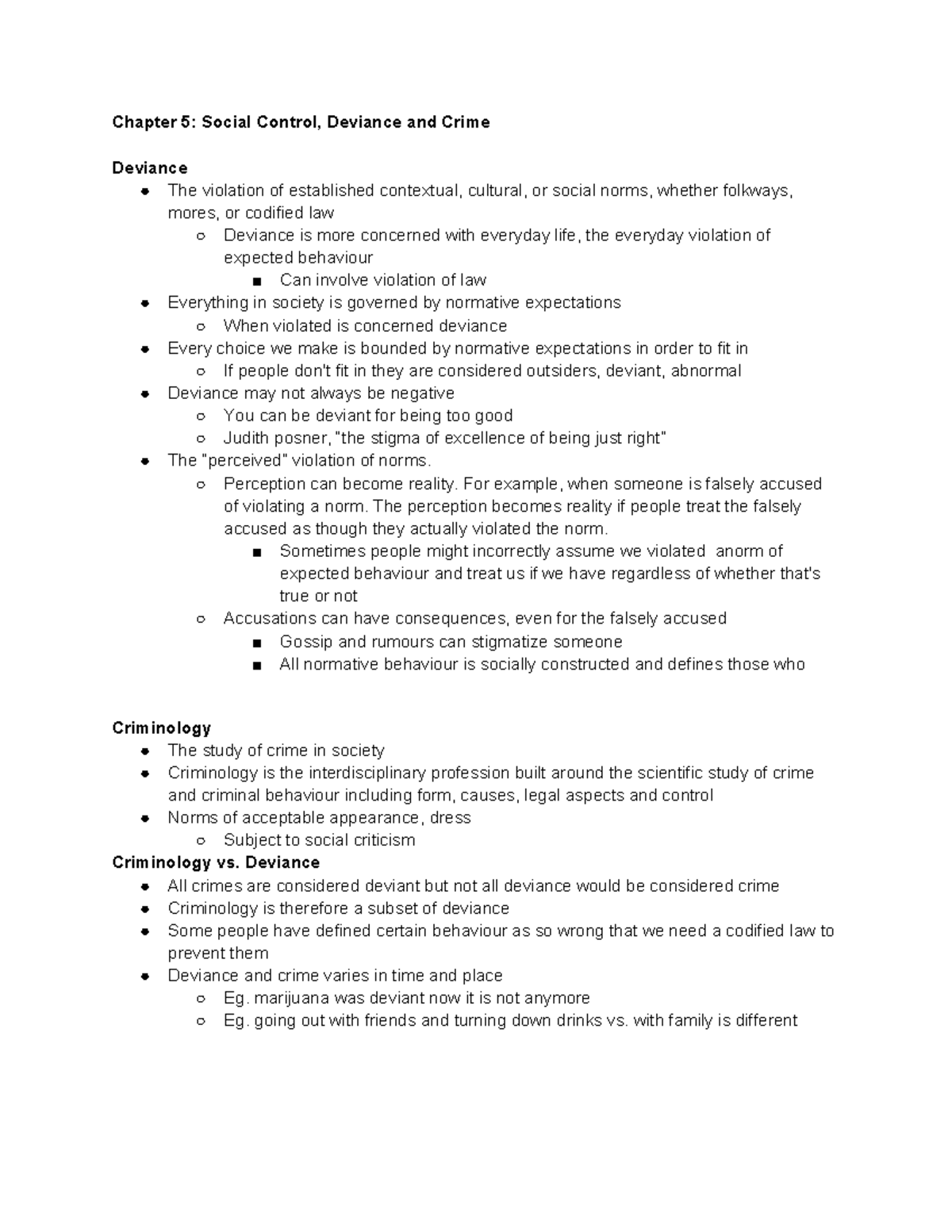 Sociology 1025A - Chapter 5 - Chapter 5: Social Control, Deviance And ...