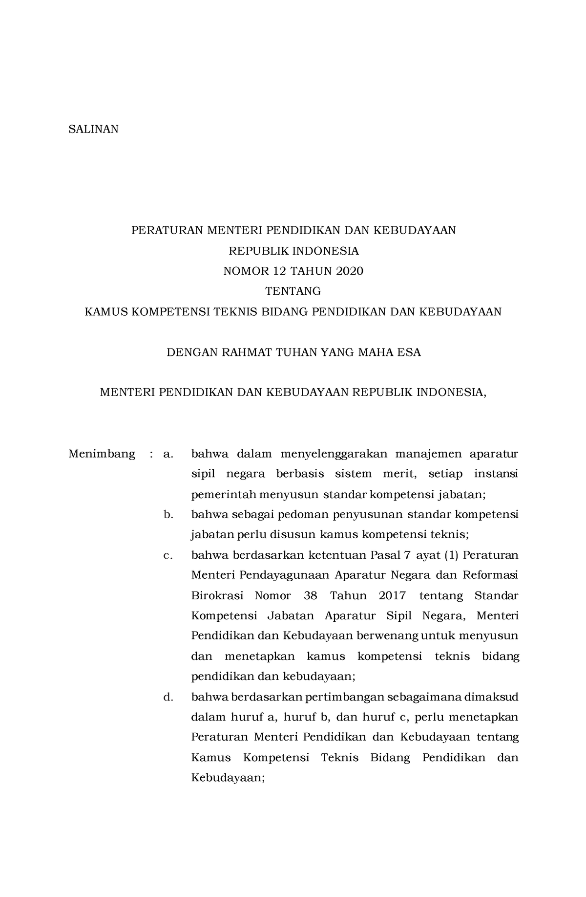 Permendikbud Nomor 12 Tahun 2020 - SALINAN RANCANGAN PERATURAN MENTERI ...