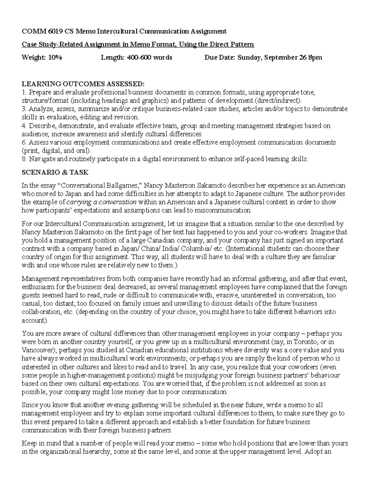 Intercultural Communication Memo Assignment - Studocu