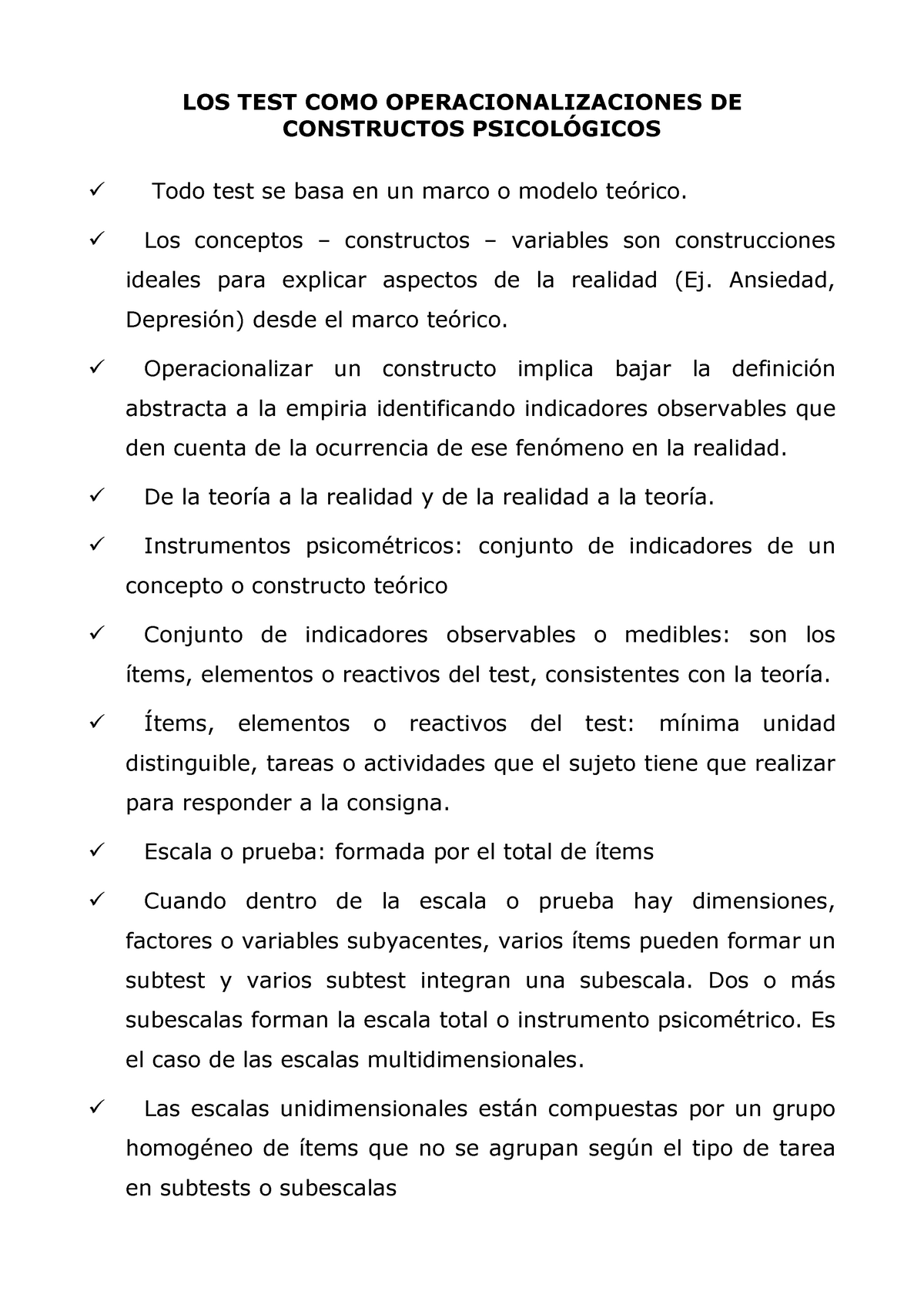 LOS TEST COMO Operacionalizaciones DE Constructos Psicol ô Gicos LOS TEST COMO Studocu