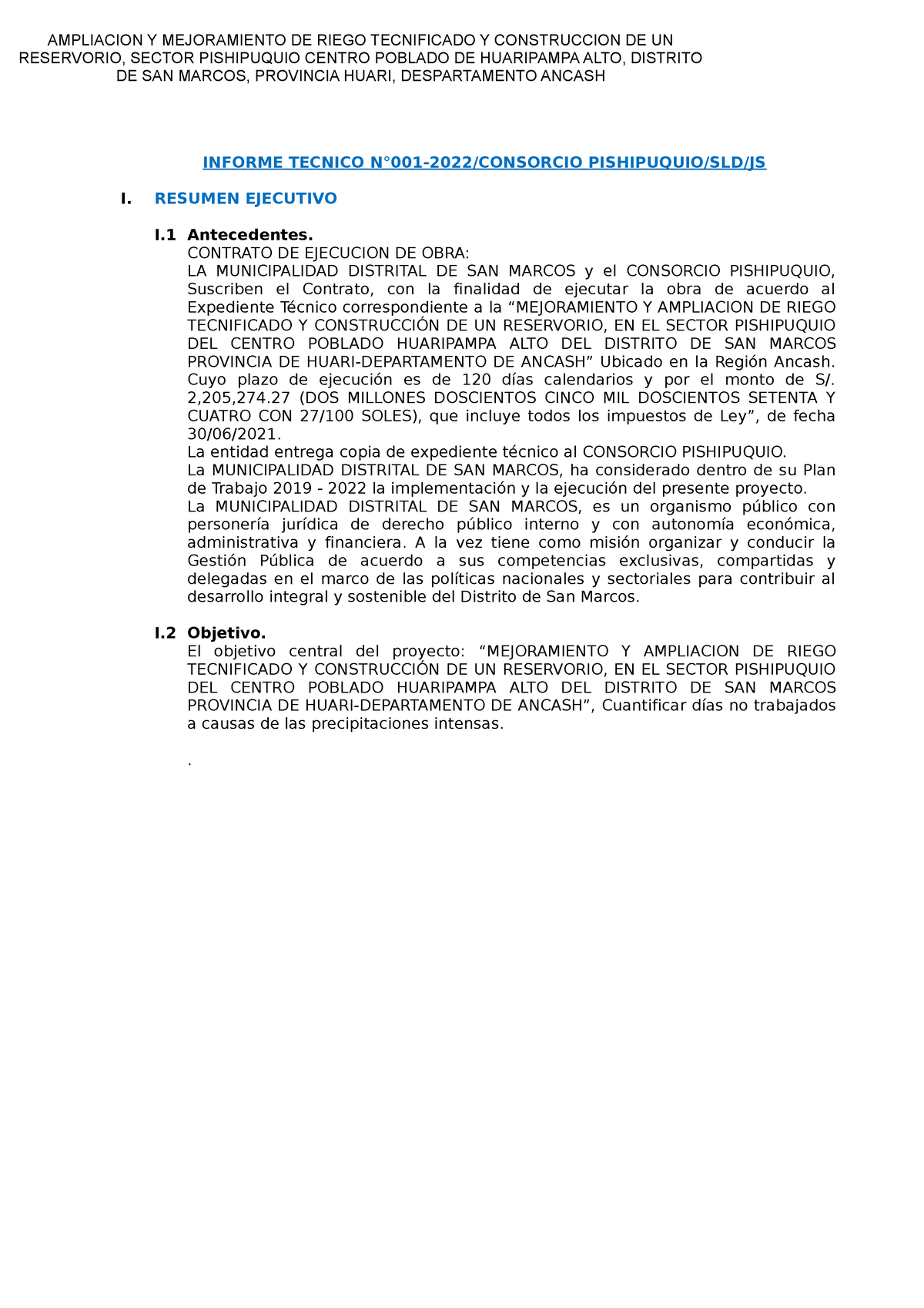 Informe Tecnico N°01 - UN INFOREM DE DE EJECUCION DE OBRAS - AMPLIACION ...