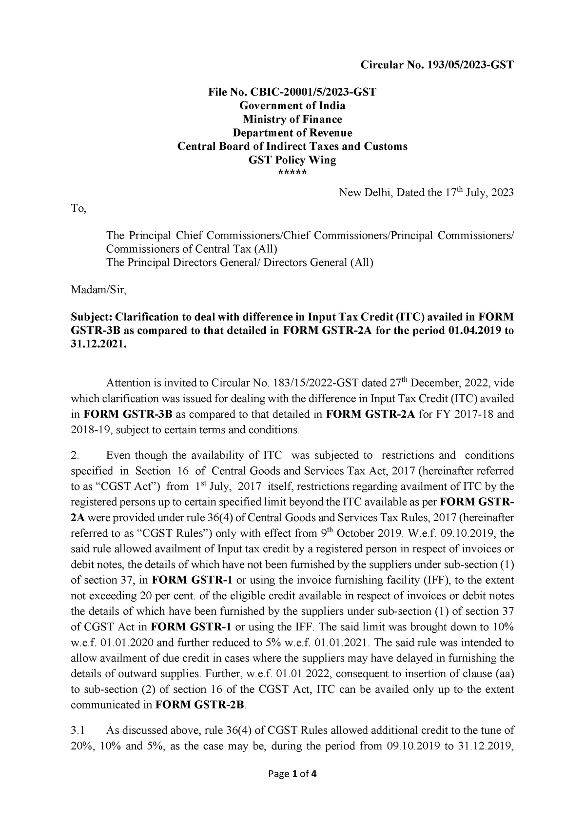 Cbic Gst Circular 193 05 2023 - Circular No. 193/05/2023-GST File No ...