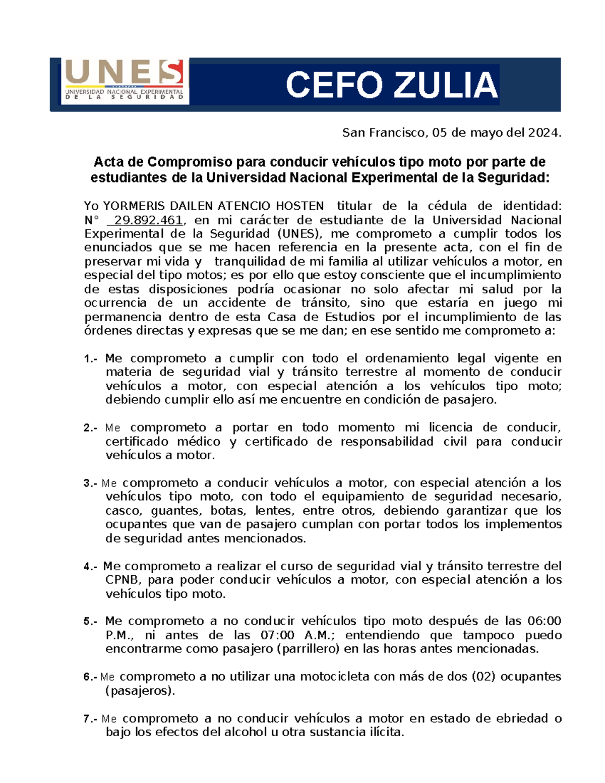 ACTA DE Compromiso DE Estudiantes PARA Conducir Motos CEFO Zulia - San ...