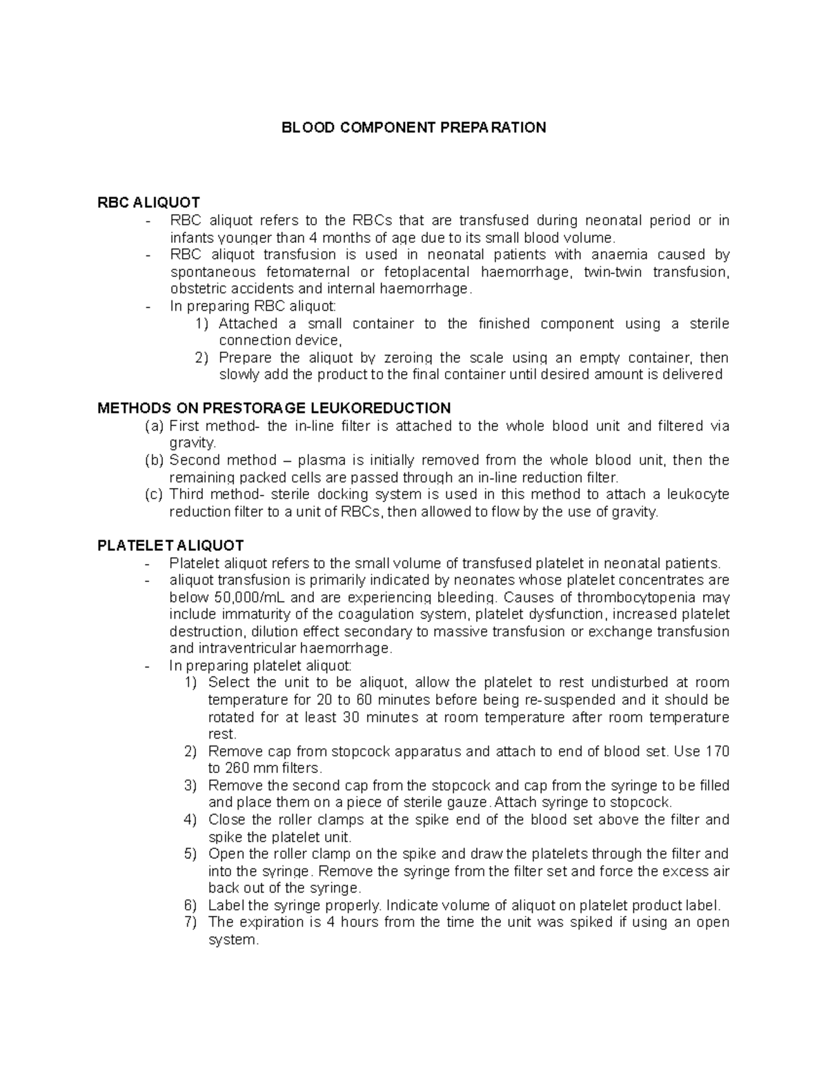 Blood Component Preparation - BLOOD COMPONENT PREPARATION RBC ALIQUOT ...