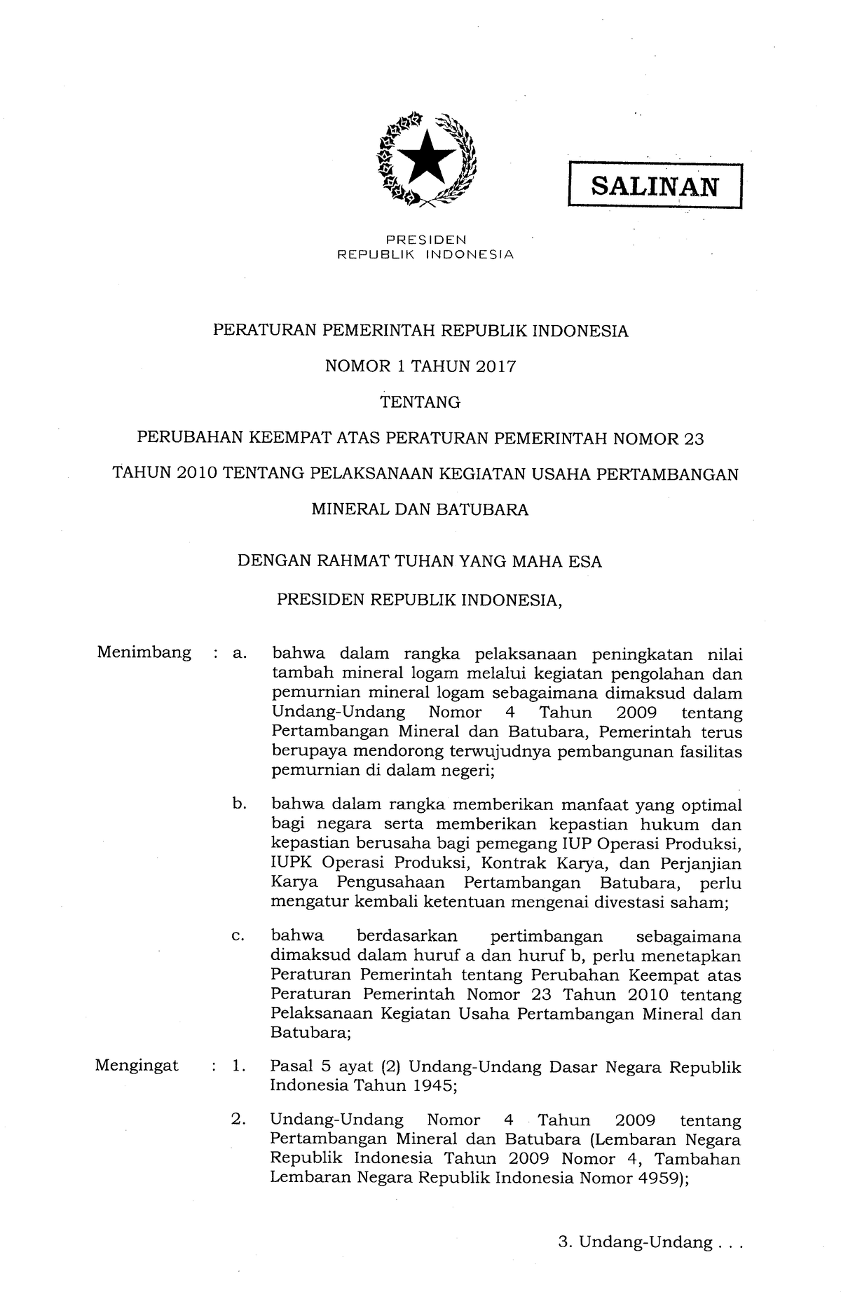 PP 1 Tahun 2017 - SALIN PRES I DEN REPUBLIK INDONESIA PERATURAN ...