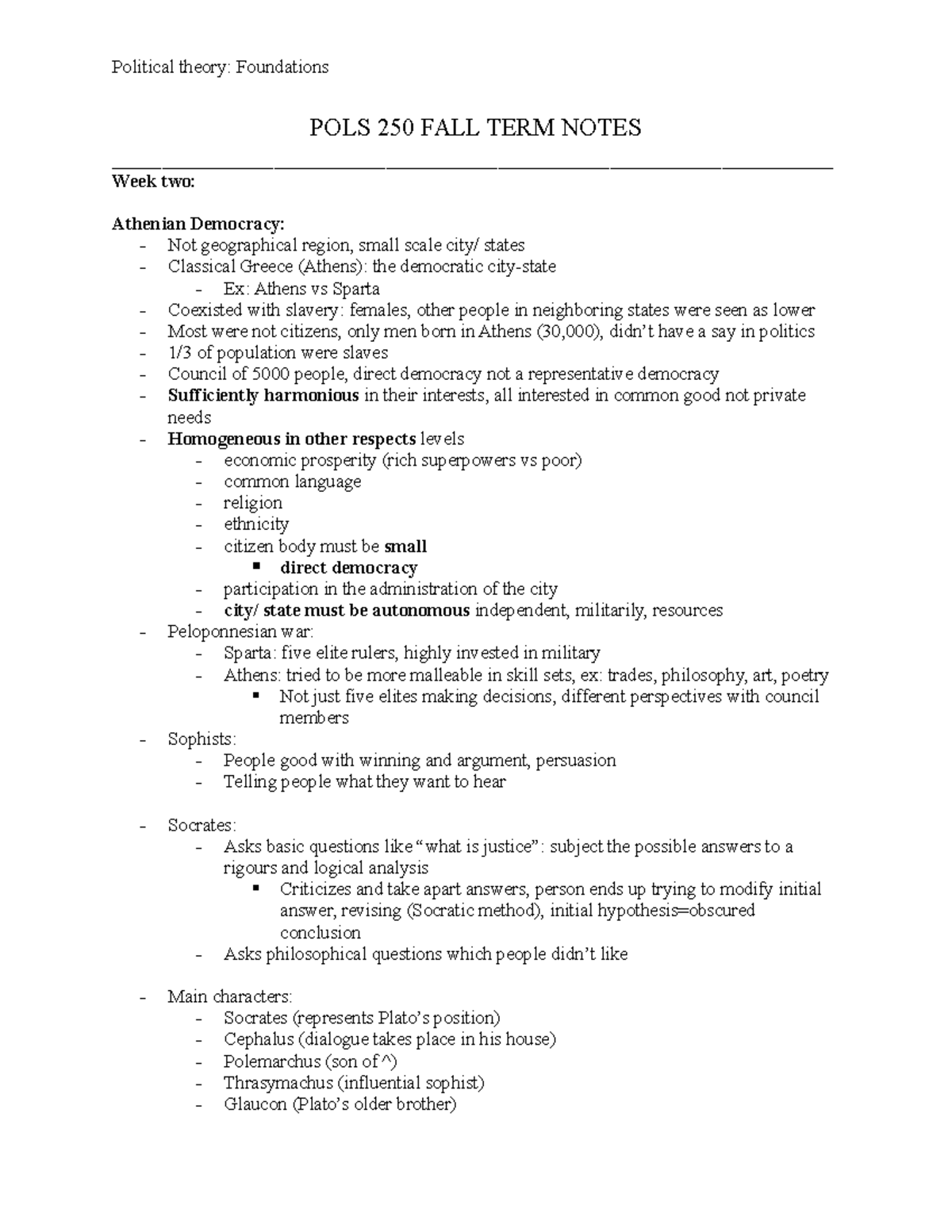 POLS 250 FALL TERM Notes - Political theory: Foundations POLS 250 FALL ...