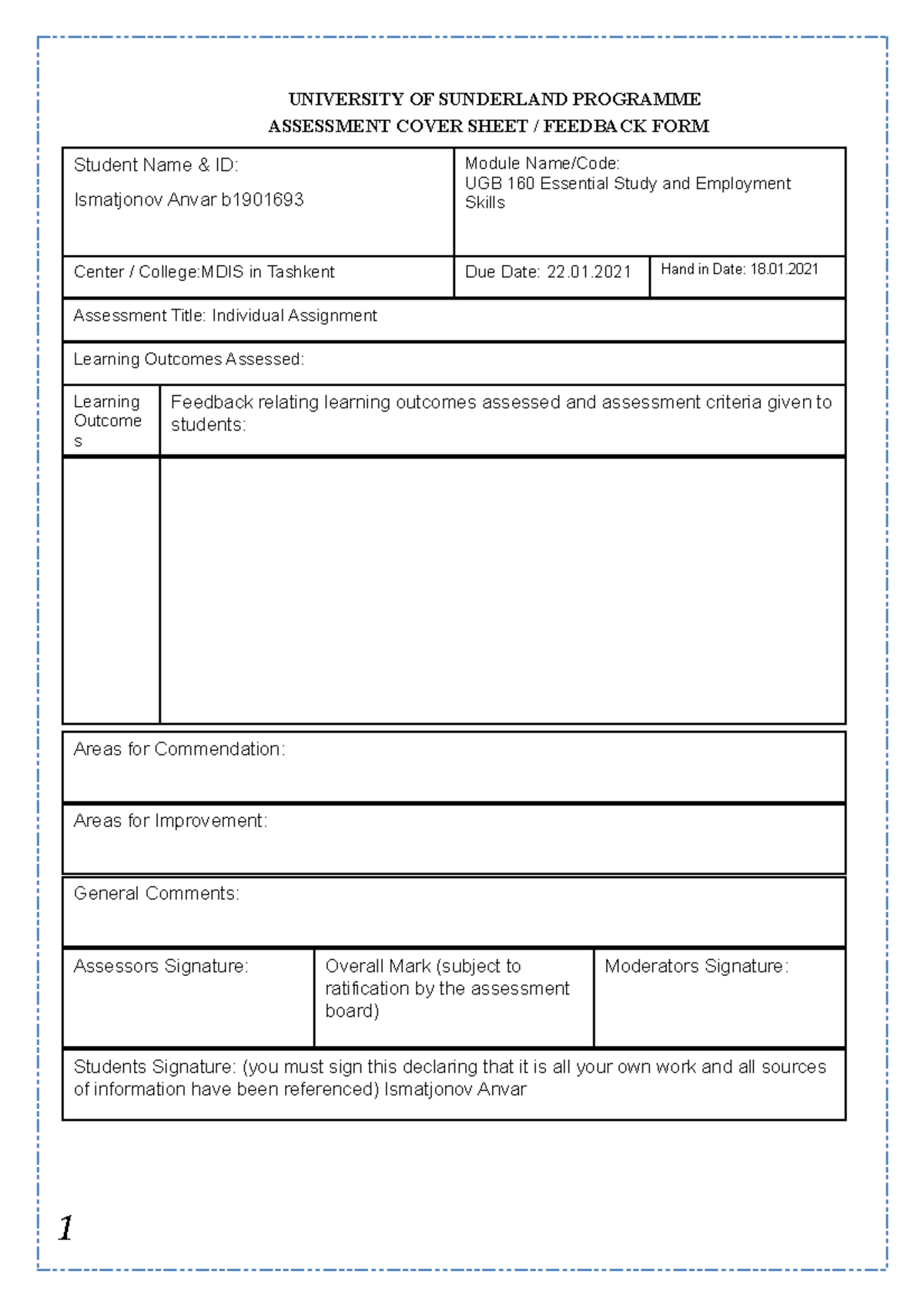 Ismatjonov Anvar UGB160 - UNIVERSITY OF SUNDERLAND PROGRAMME ASSESSMENT ...