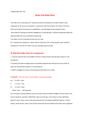 Moles and Molar Mass-Jonathan Palleria -0MAKE COPY OF THIS Moles and Molar  Mass The mole is the - Studocu
