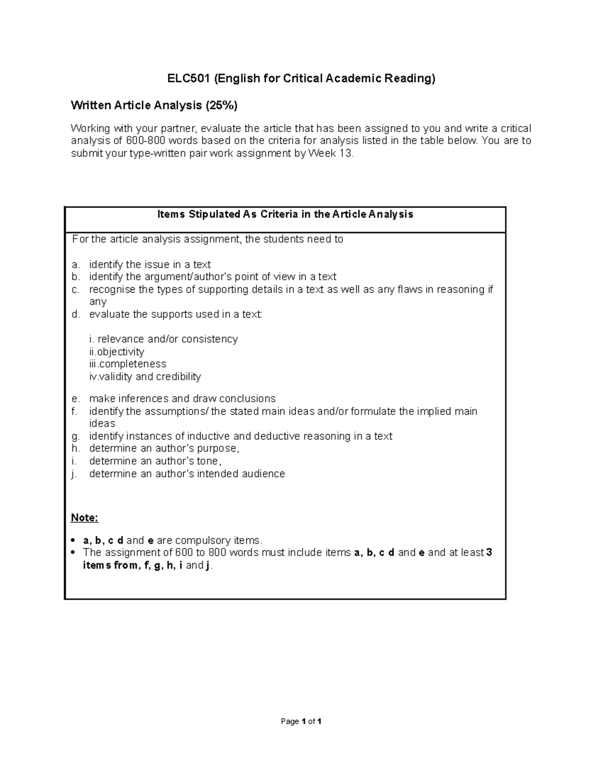 ELC501 WRIT ART Analysis ( Items) 050318 - ELC501 (English For Critical ...