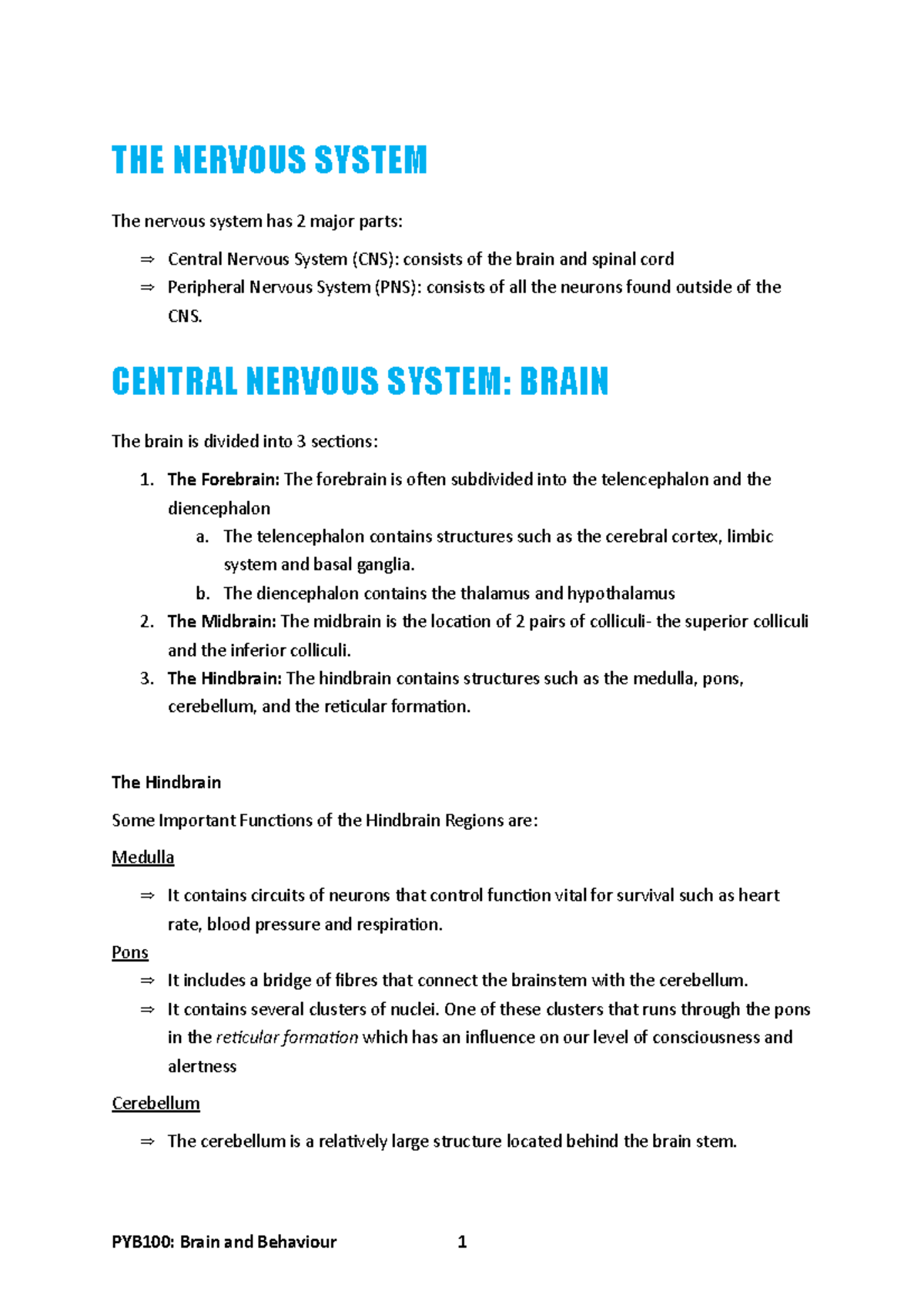 PYB100 Lecture Week 2 Notes - THE NERVOUS SYSTEM The Nervous System Has ...