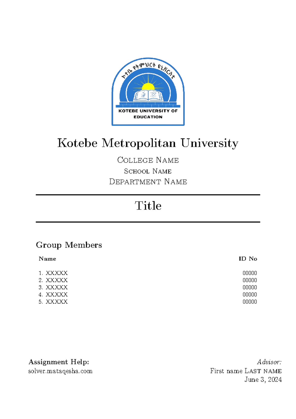 KMU cover template - perform databaes stsem test - Kotebe Metropolitan ...