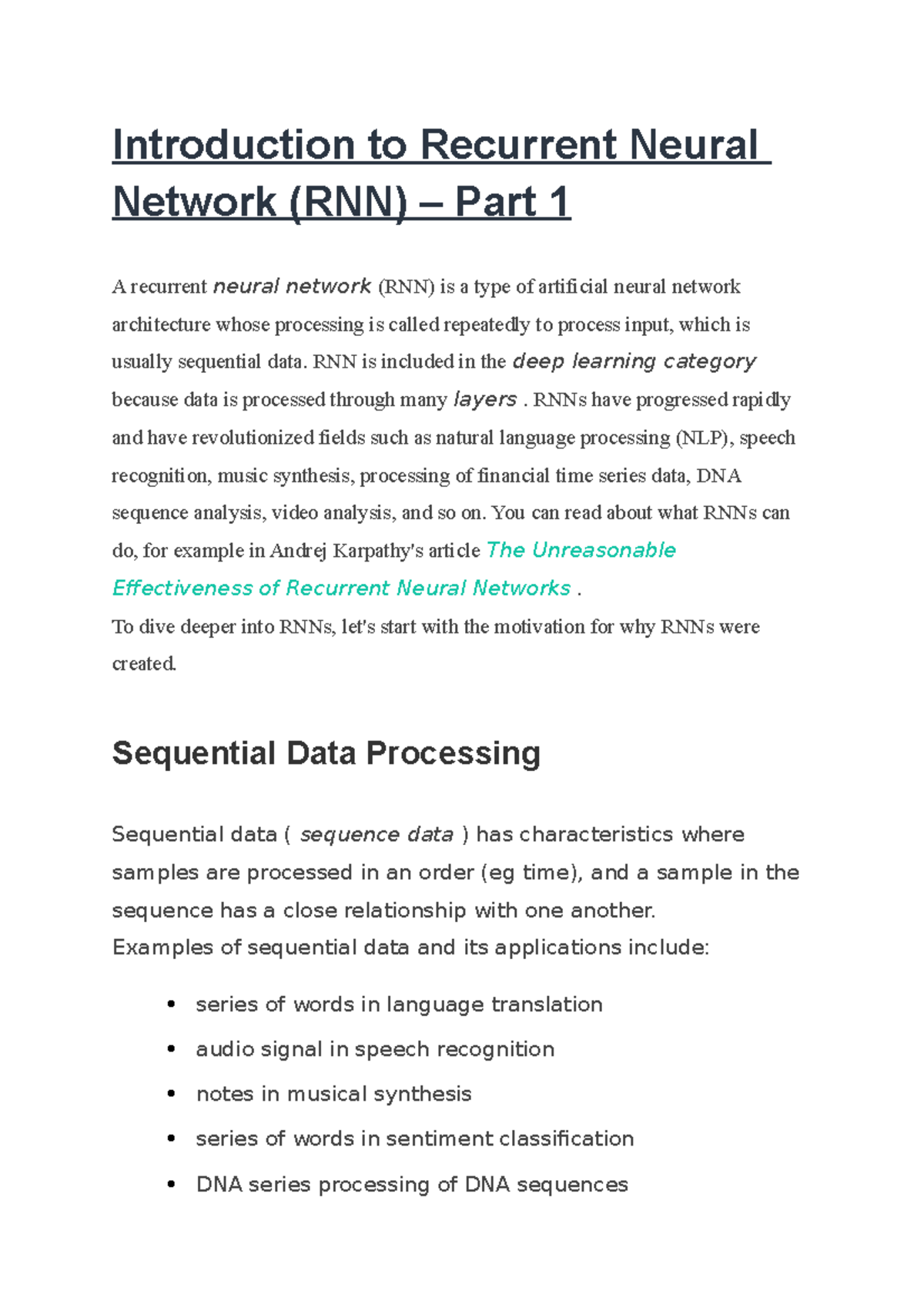 Recurrent Neural Network Introduction - Introduction To Recurrent ...