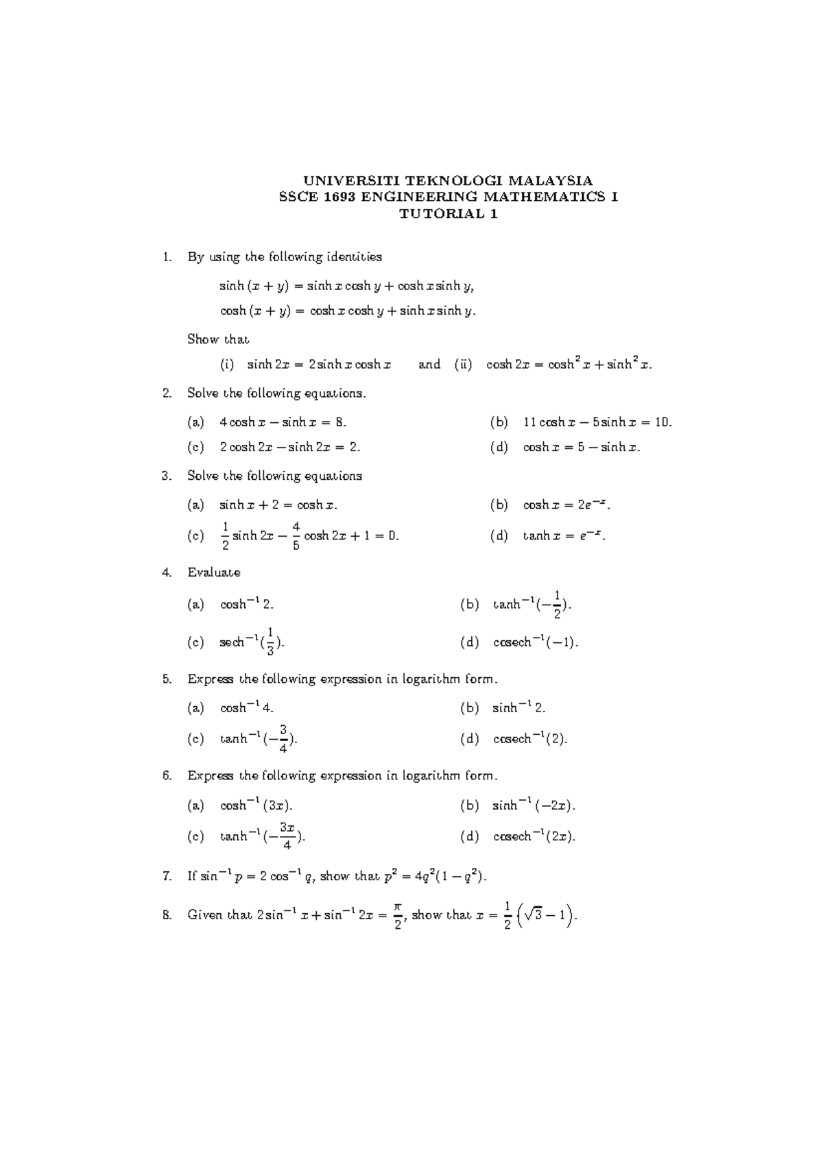 Tutorial 1 SSCE1693 (Engineering Mathematics) - UNIVERSITI TEKNOLOGI ...