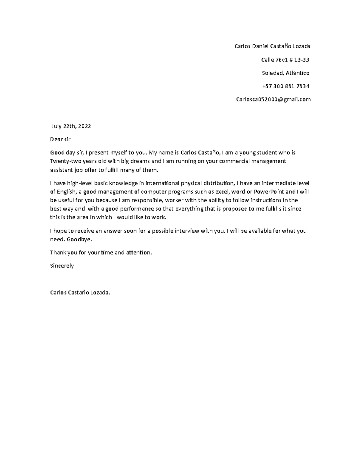 Curriculum Vitae AND Cover Letter - Carlos Daniel Castaño Lozada Calle ...