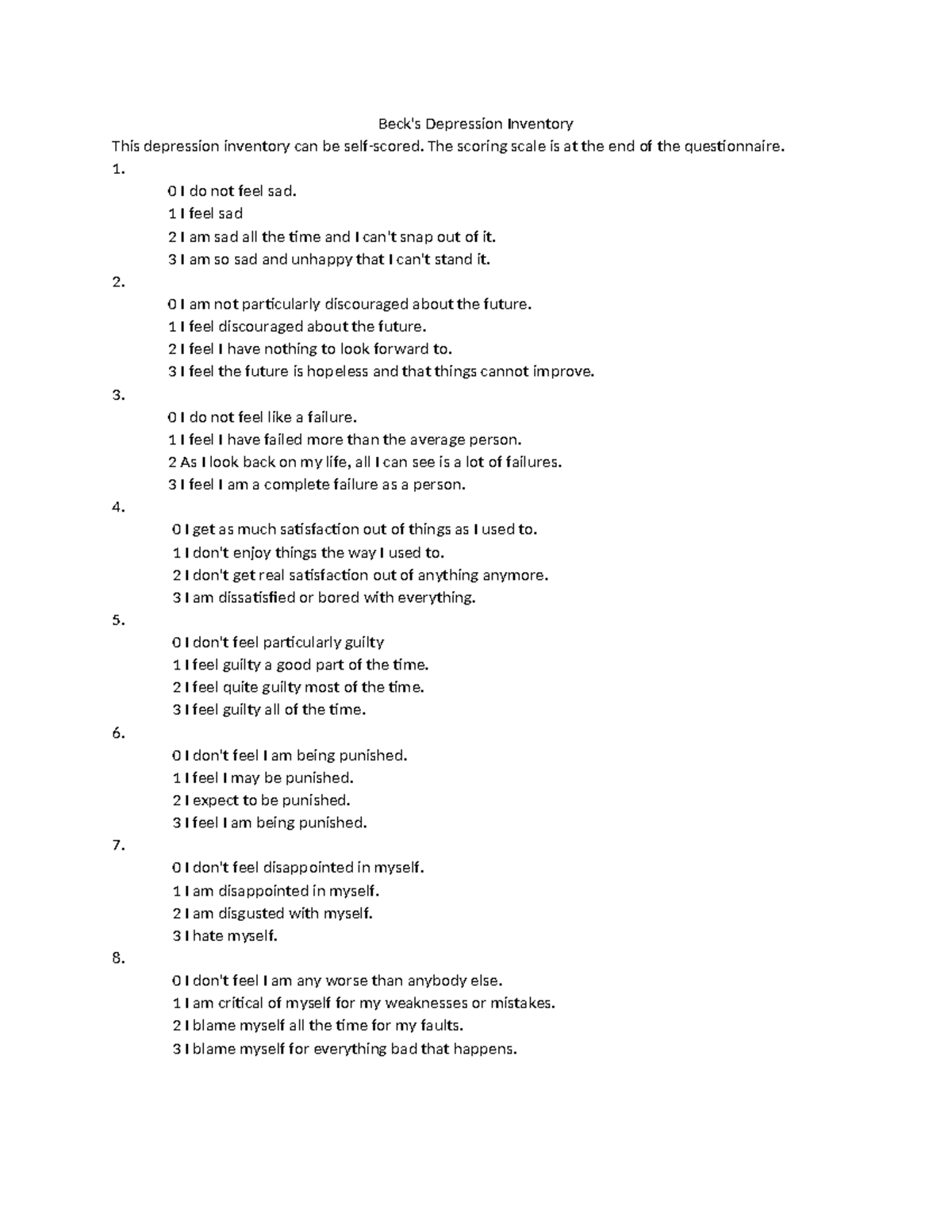 Beck Depression Inventory - Beck's Depression Inventory This depression ...