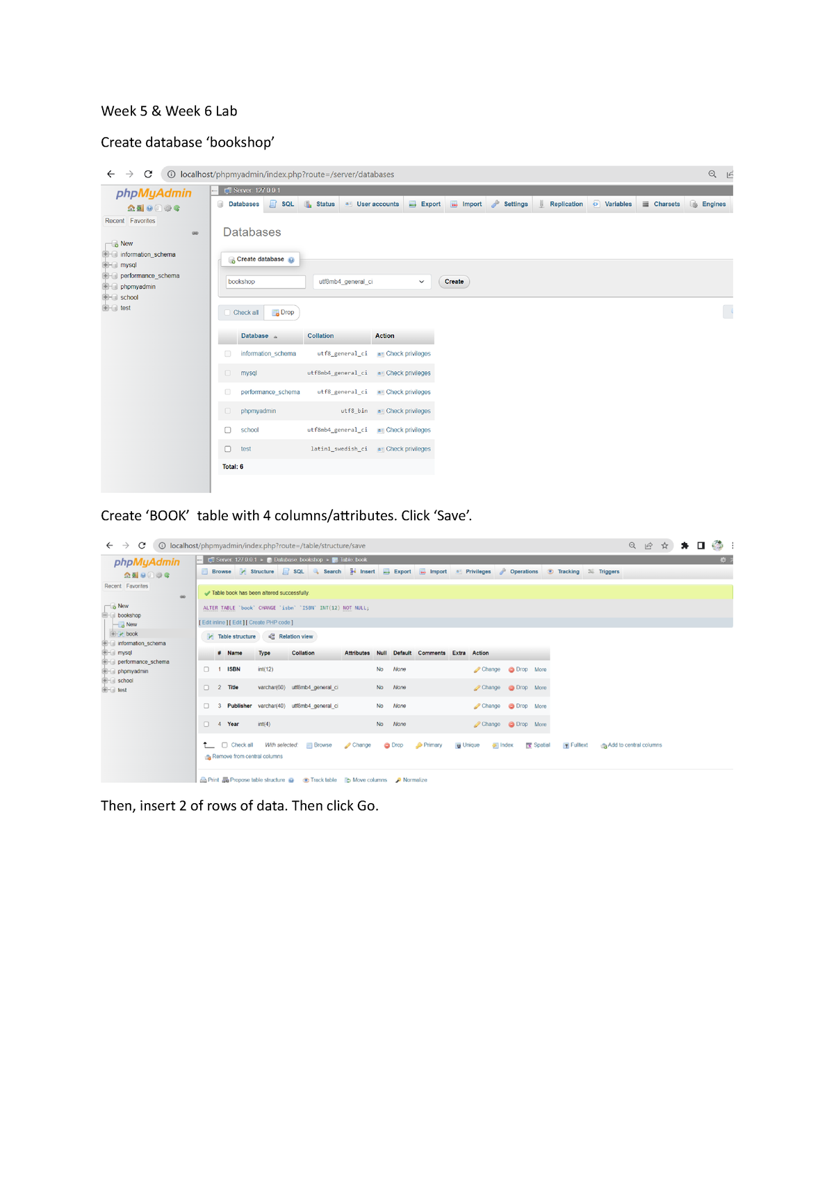 Week 5-lab - qwertyu - Week 5 & Week 6 Lab Create database ‘bookshop ...