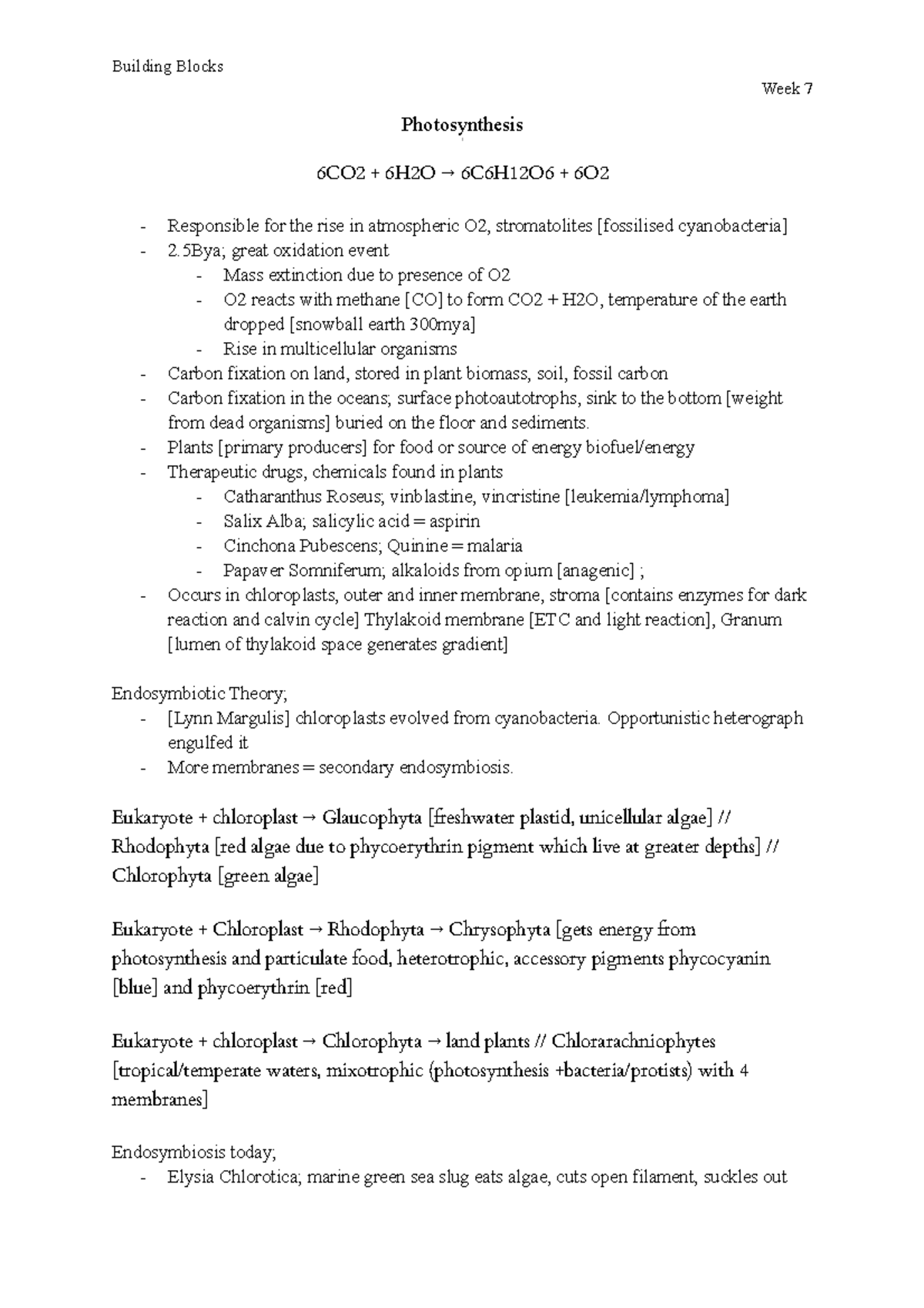 Photosynethesis -w7 - Lecture notes 7 - Week 7 Photosynthesis 6CO2 ...
