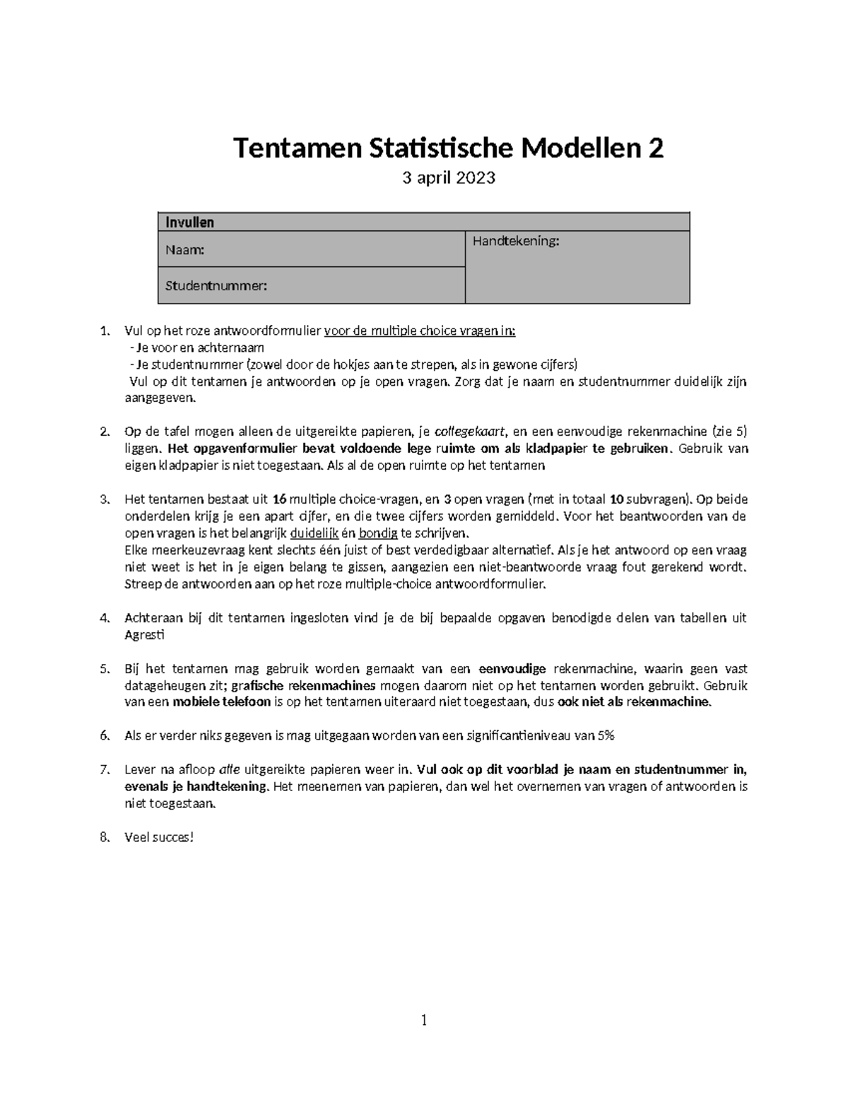 Oefententamen Statistische Modellen 2 - Tentamen Statistische Modellen ...