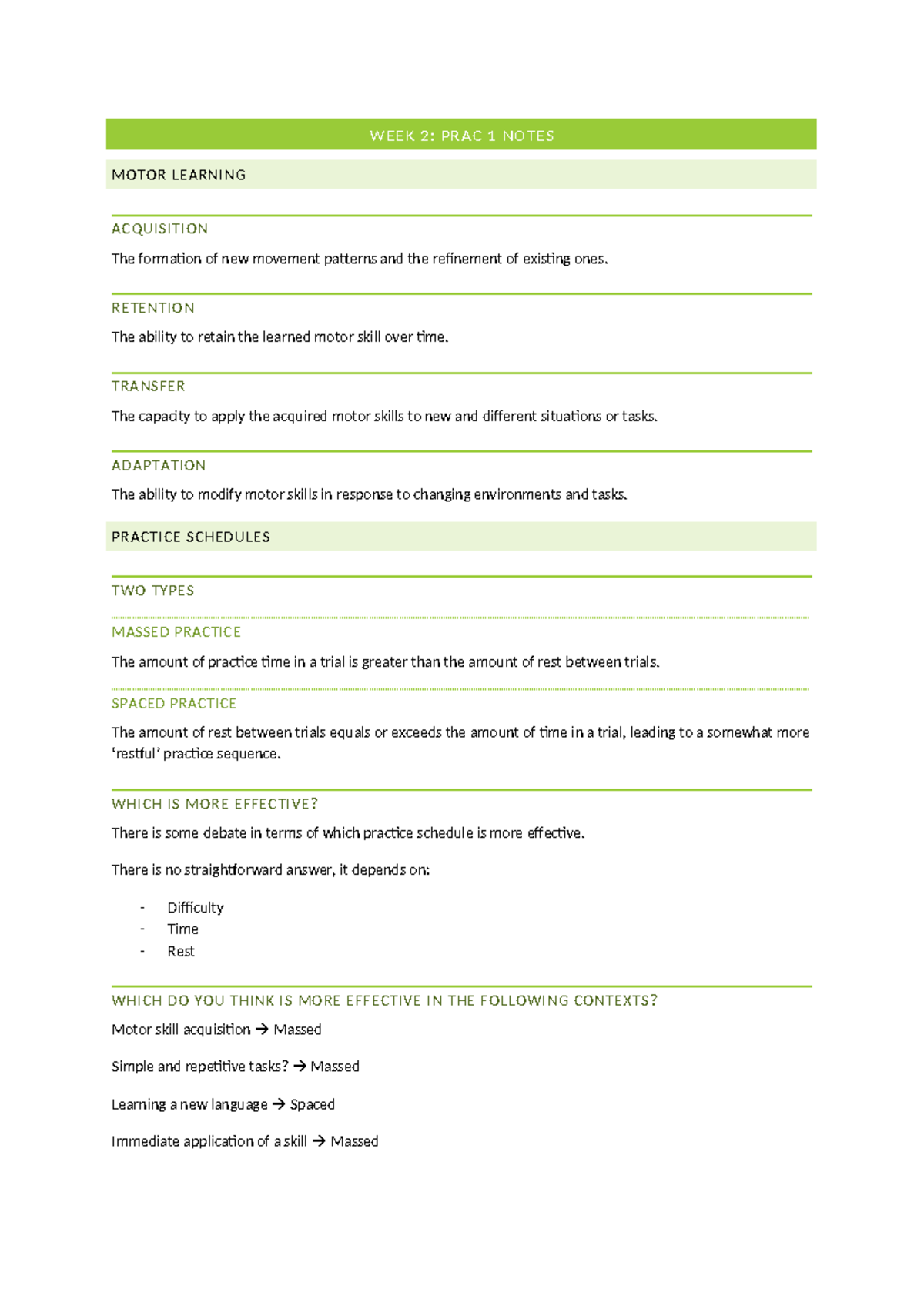 Practical Notes - WEEK 2: PRAC 1 NOTES MOTOR LEARNING ACQUISITION The ...