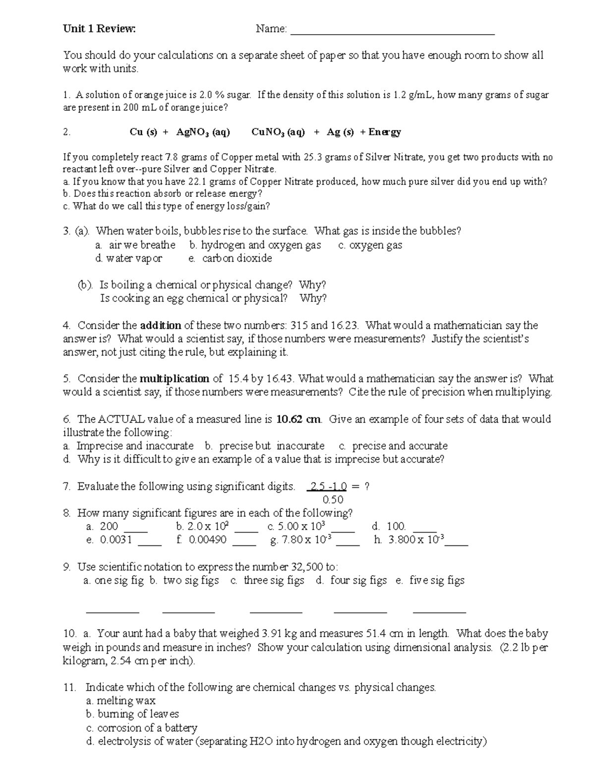 Review Unit 1 - Unit 1 Review: Name ...