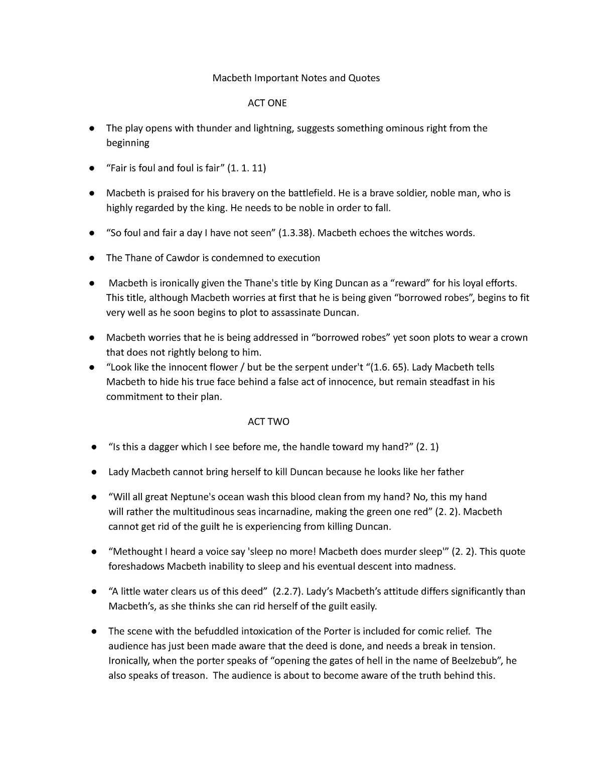 Macbeth notes and quotes 1 - Macbeth Important Notes and Quotes ACT ONE ...