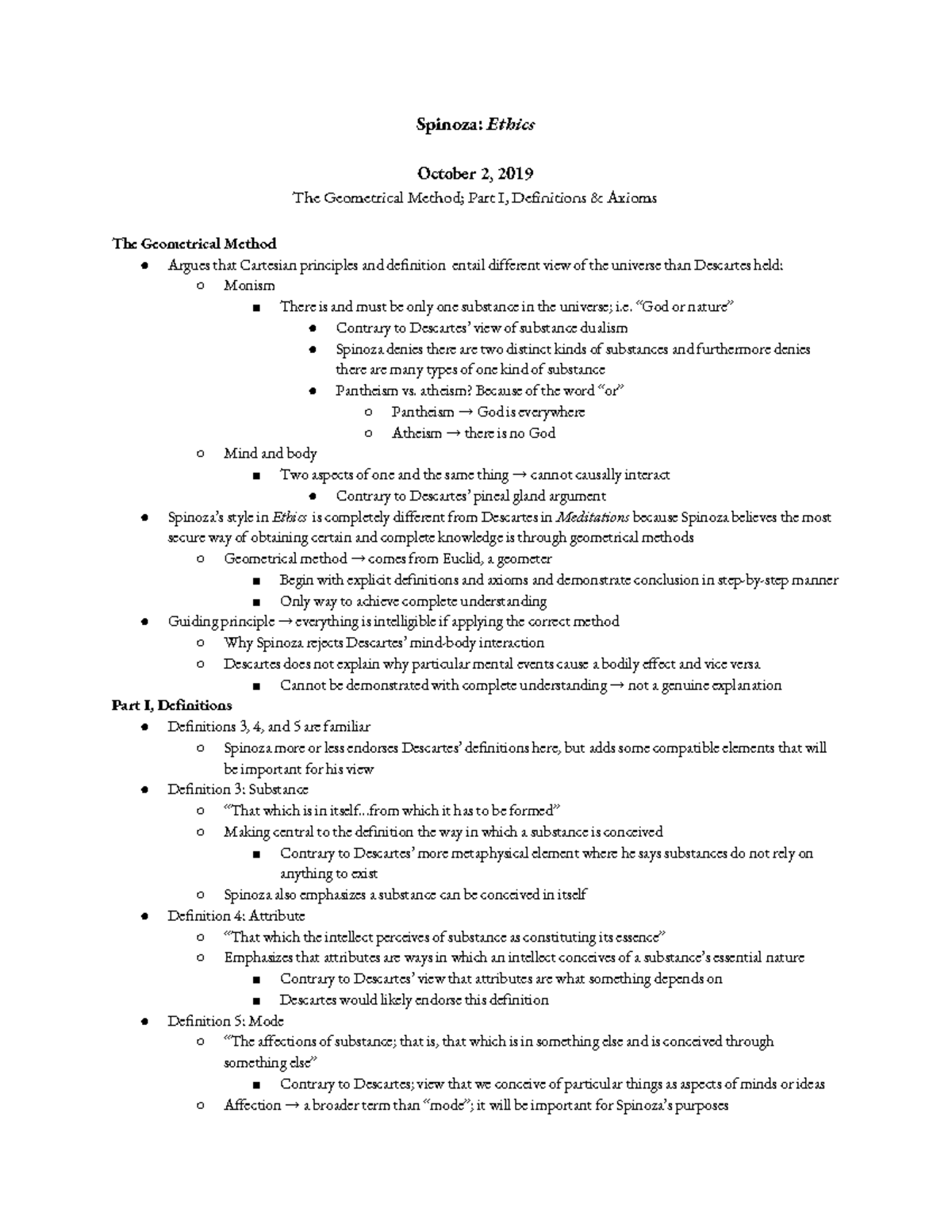 PHIL 289 Spinoza Notes - Spinoza: Ethics October 2, 2019 The ...
