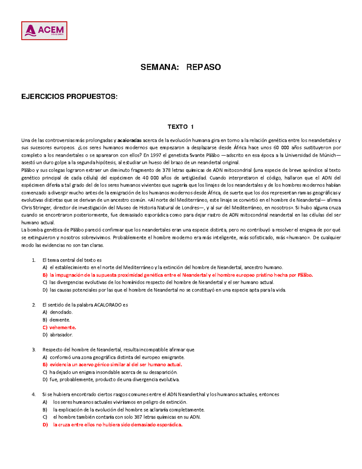 Acem Habilidad Verbal Repaso Semana Repaso Ejercicios Propuestos