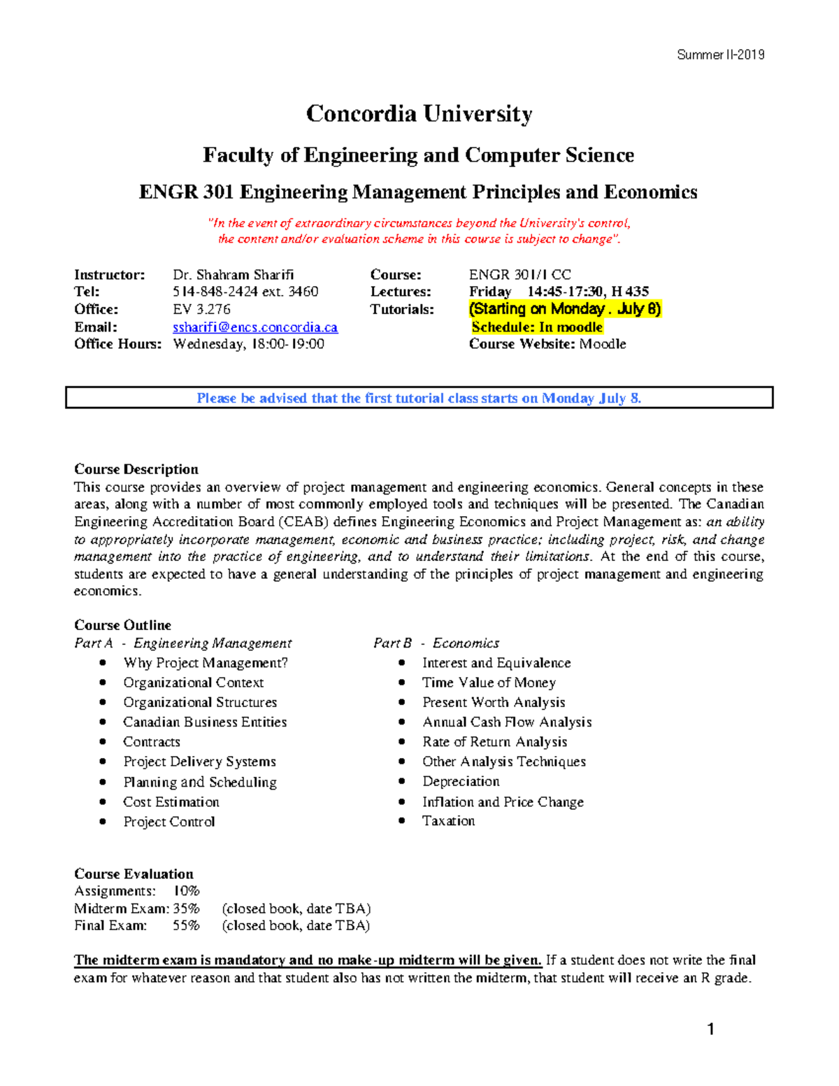 ENGR301 Outline S-2019 - Summer Concordia University Faculty Of ...