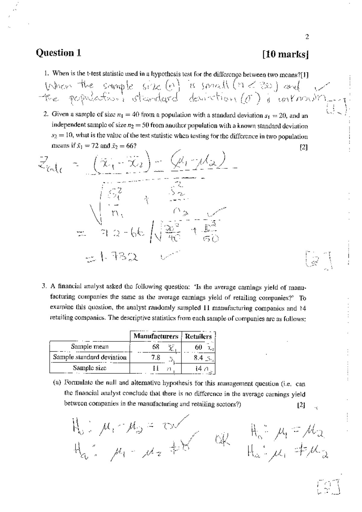 Test 3 memo - Practice material - 2 Question 1 1. When is the statistic ...