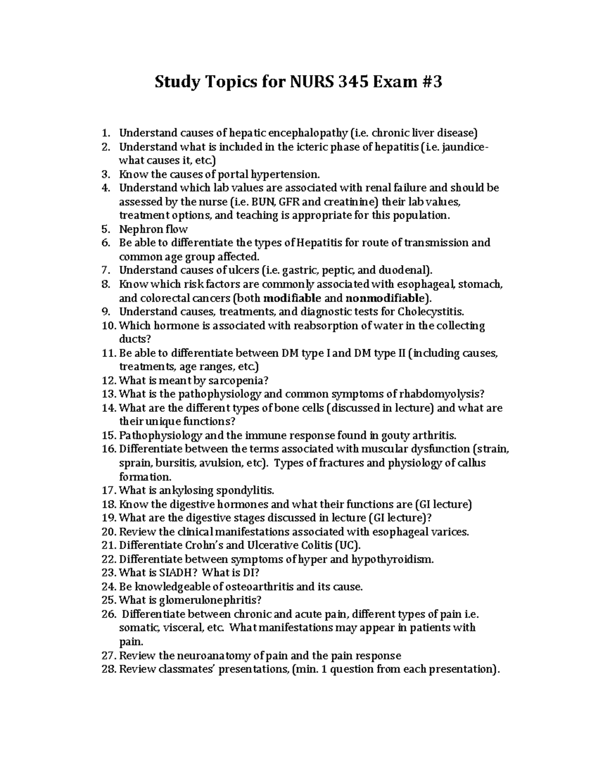 Study Guide for Exam 3 summer 2023 - Study Topics for NURS 345 Exam ...