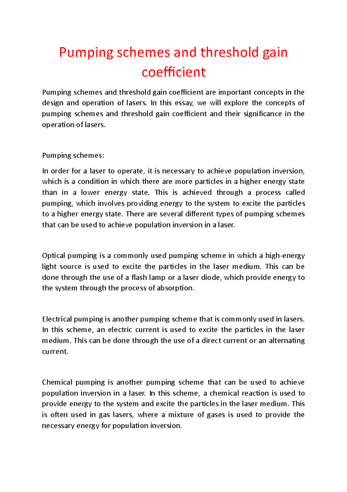 Pumping schemes and threshold gain coefficient Pumping schemes and
