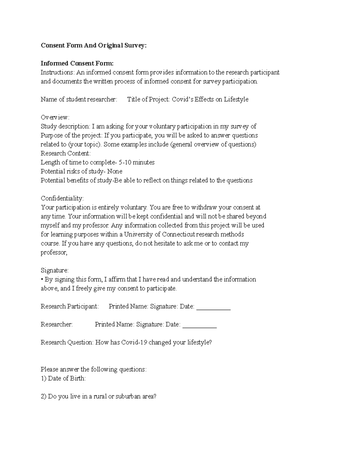 Survey Designs- Final Product - Consent Form And Original Survey ...