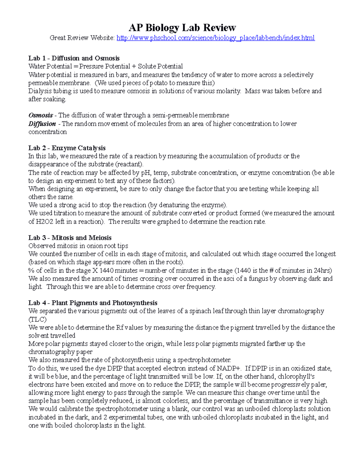 Lab Review DEscription of Lab AP Biology Lab Review Great Review
