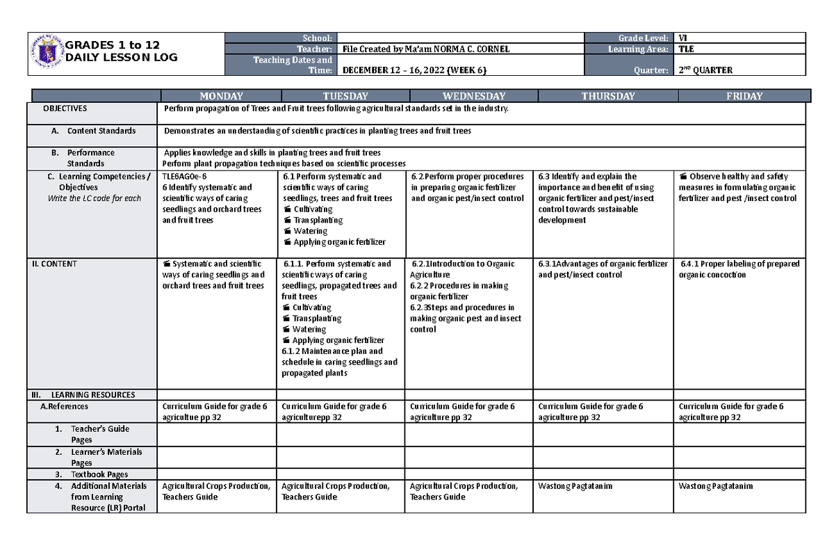 DLL TLE 6 Q2 W6 - DLL TLE 6 Q2 W6 - GRADES 1 to 12 DAILY LESSON LOG ...