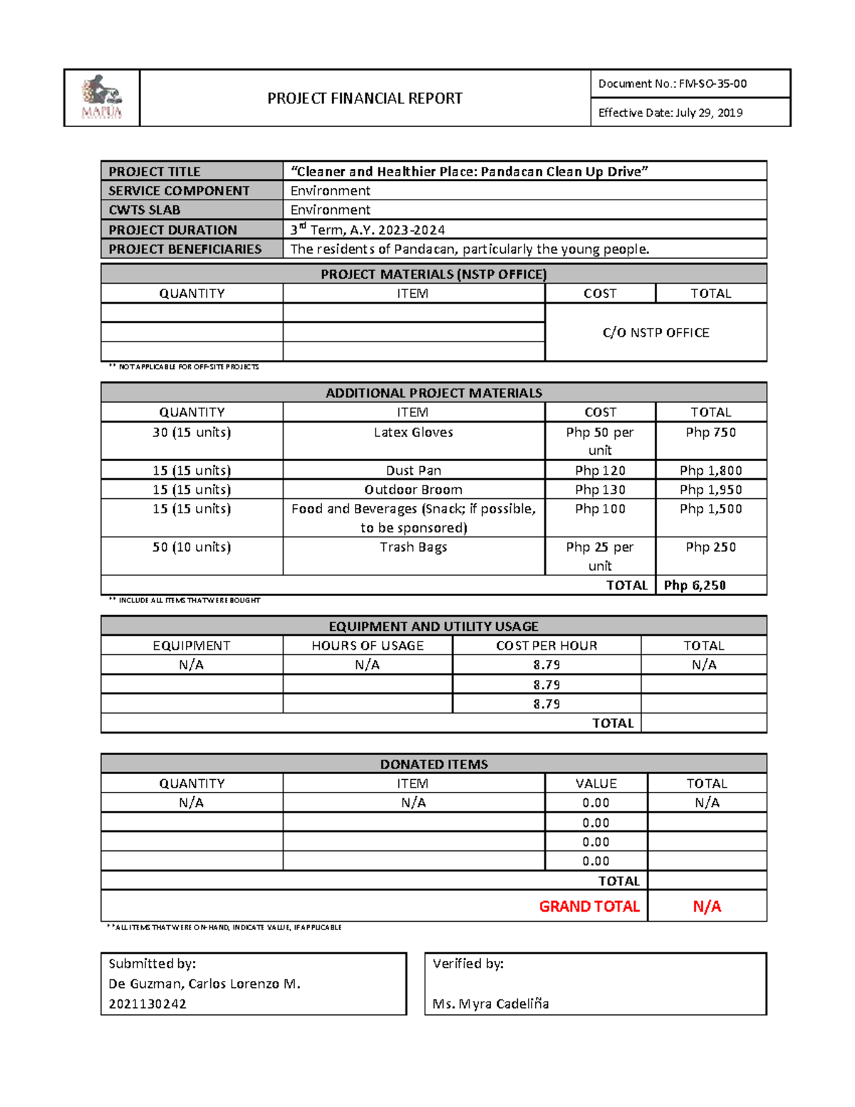 De Guzman B9 - Project Financial Report Form - PROJECT FINANCIAL REPORT ...