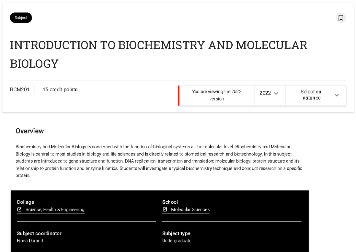 BCM201 - Introduction TO Biochemistry AND Molecular Biology - Subject ...