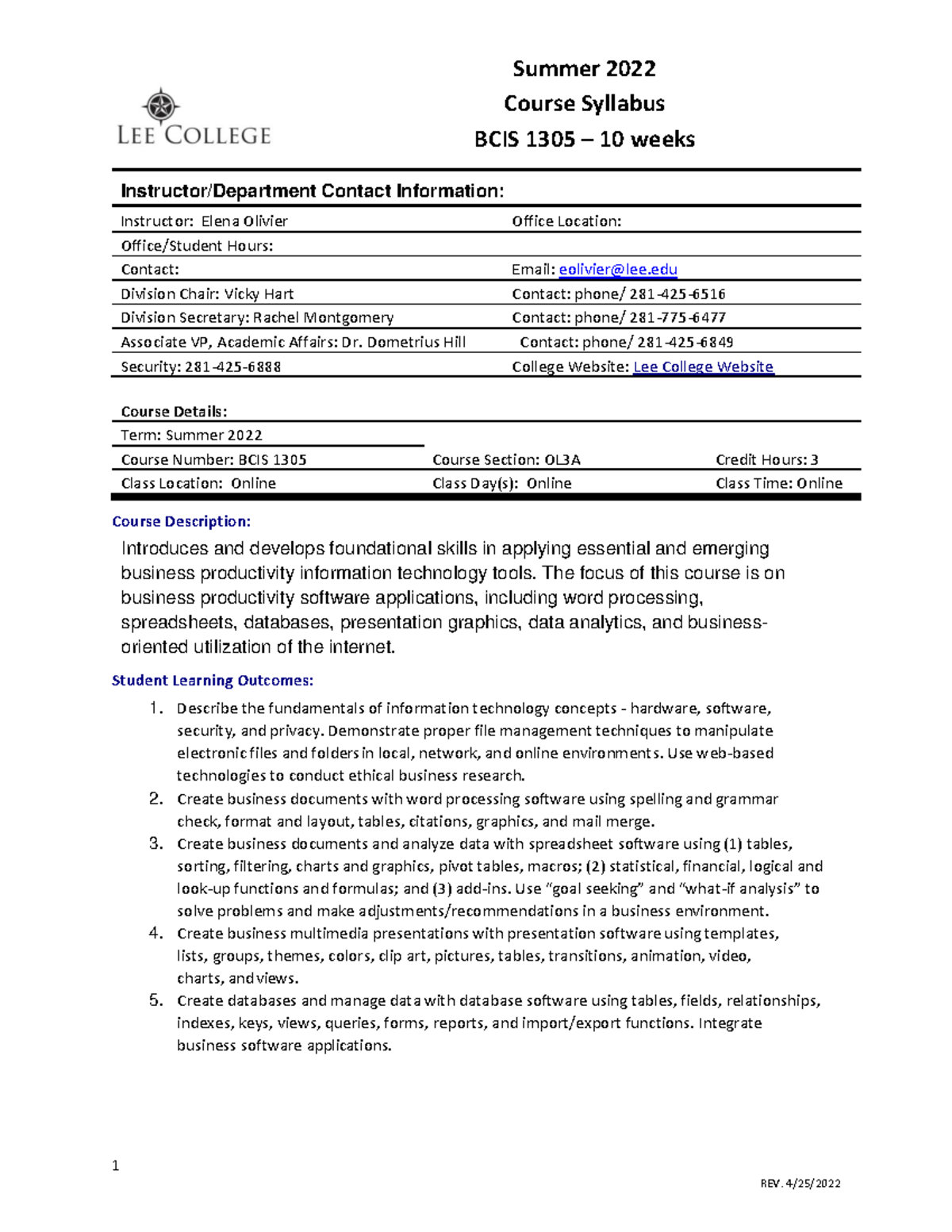Syllabus Summer 2022 10 week DL course - 1 Instructor/Department Contact  Information: Instructor: - StuDocu