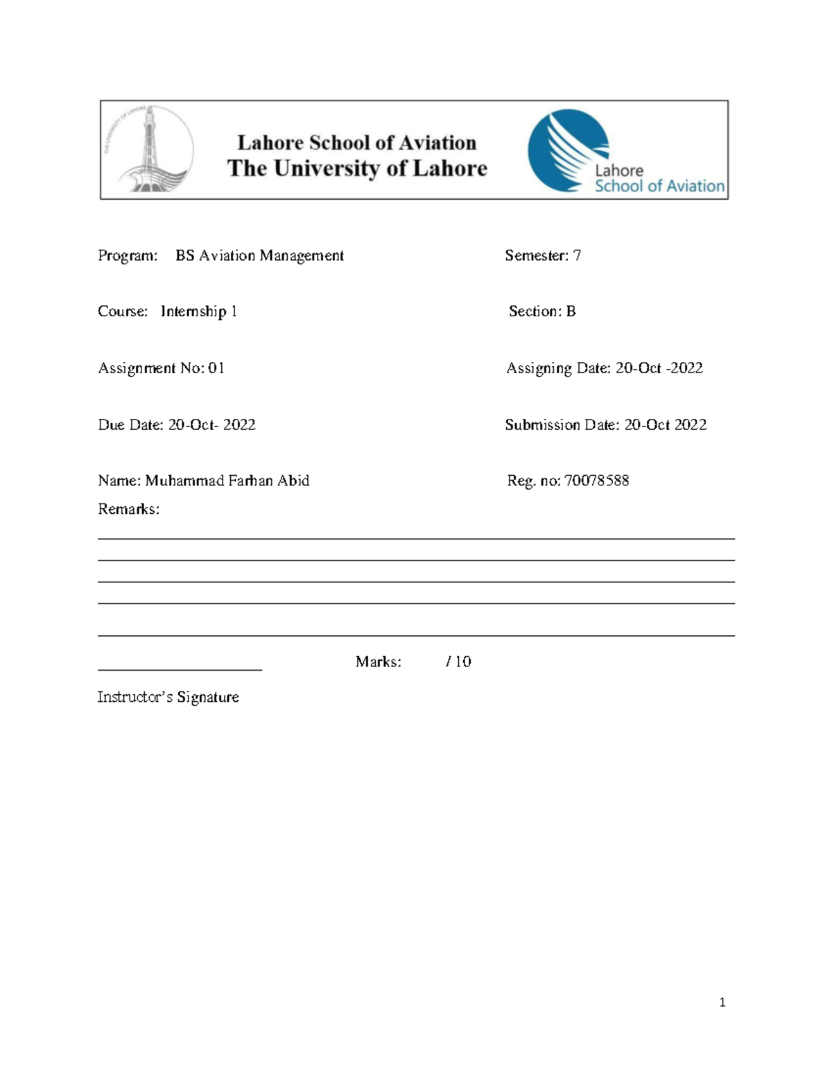 internship 1 assignment - Program: BS Aviation Management Semester: 7 ...