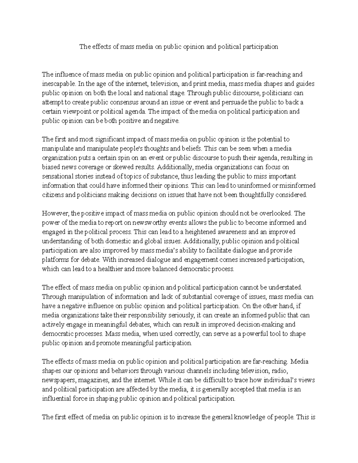 The effects of mass media on public opinion and political participation ...