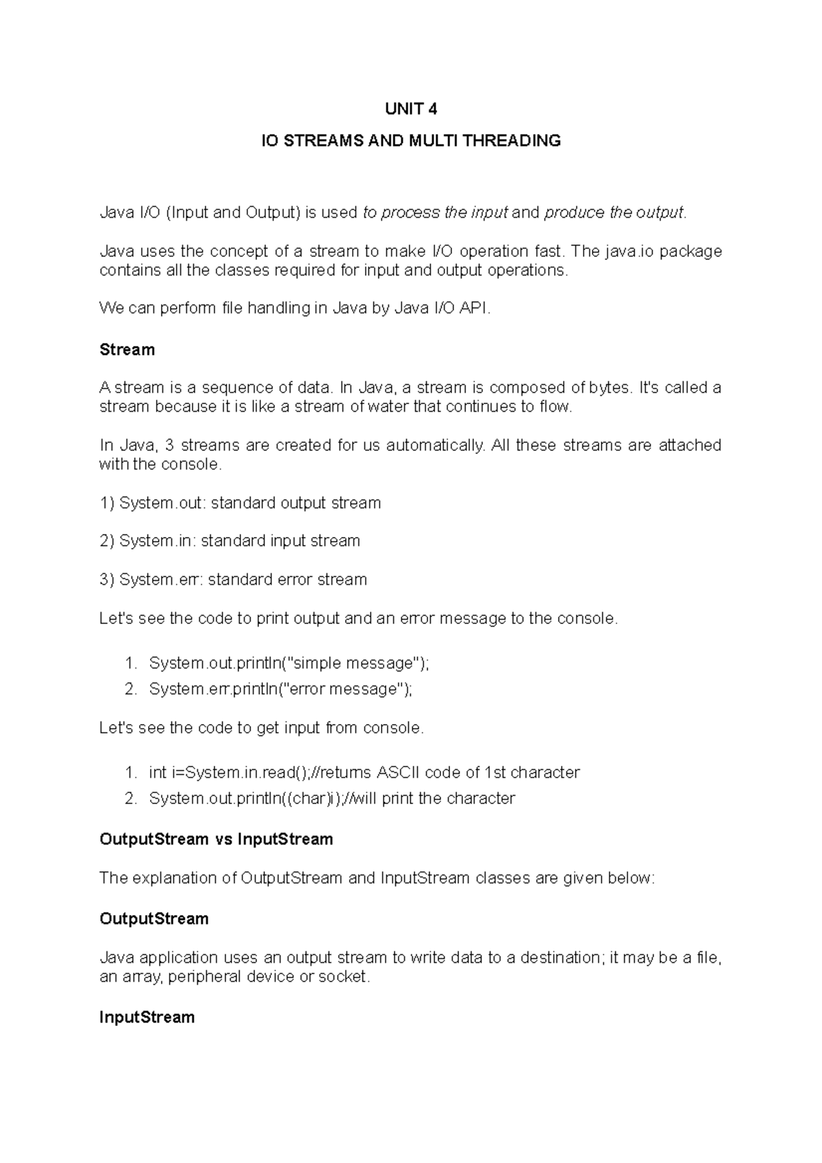 Java Unit 4 - Good learning - UNIT 4 IO STREAMS AND MULTI THREADING ...