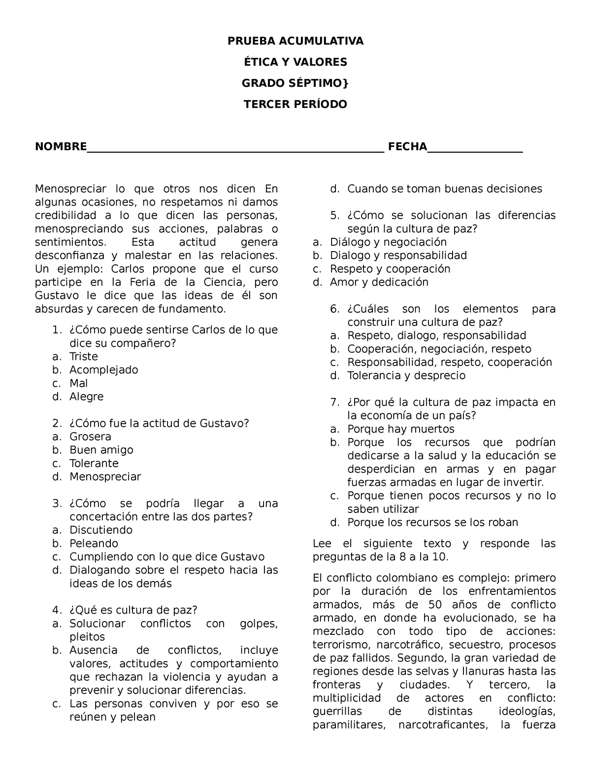 Prueba Acumulativa 7° Ética Y Valores 3 P Prueba Acumulativa Ética Y Valores Grado SÉptimo 9059