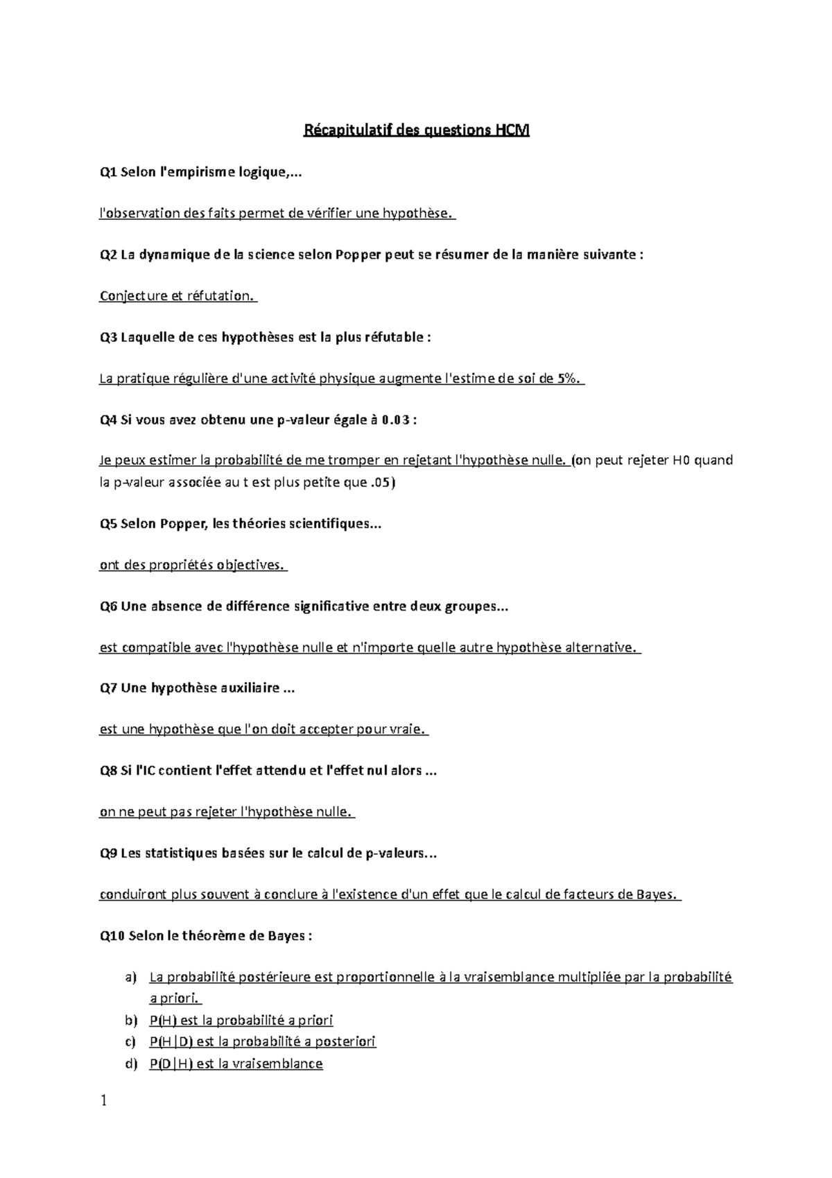 Questionnaire Corrigé - Récapitulatif Des Questions HCM Q1 Selon L ...