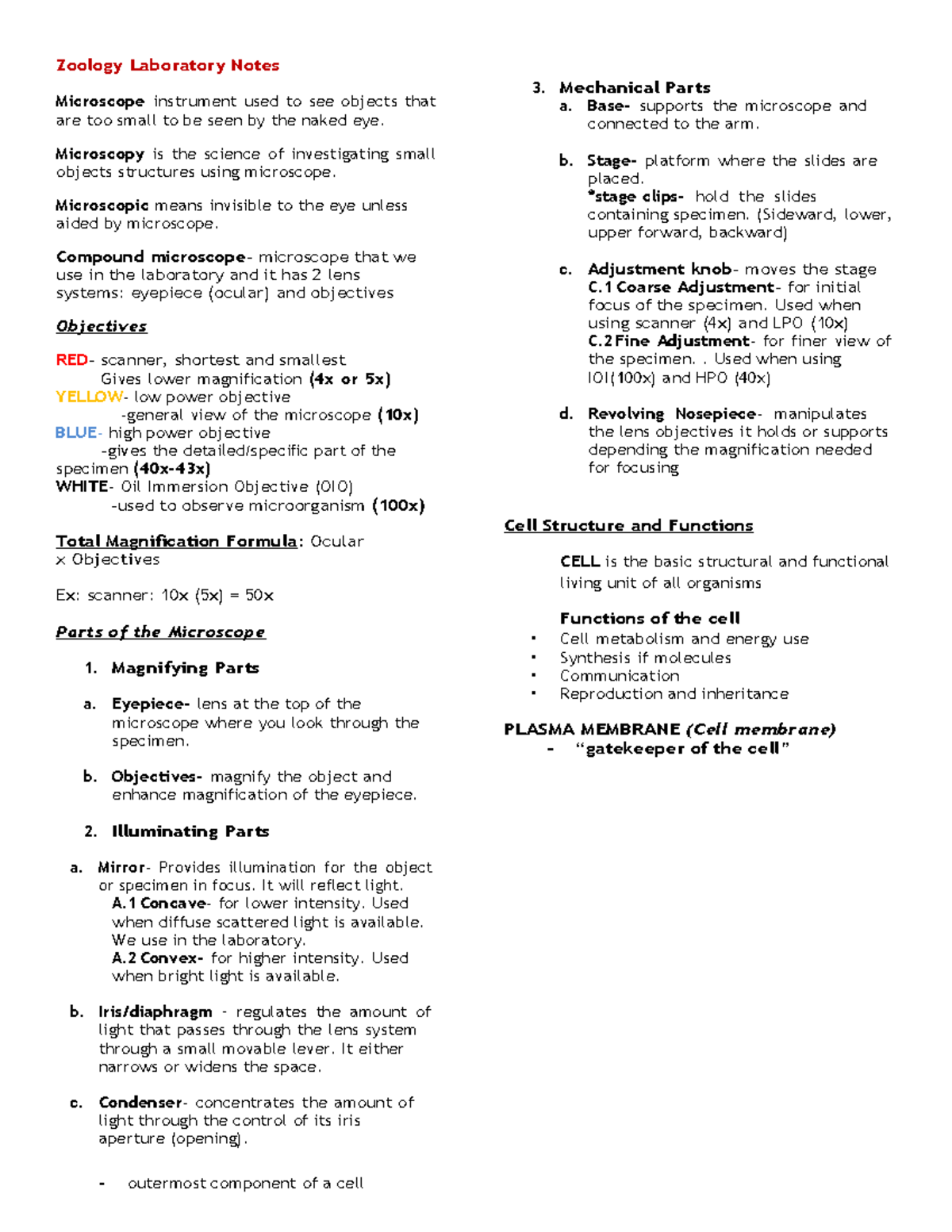 Zoology Laboratory Notes 1 Zoology Laboratory Notes Microscope