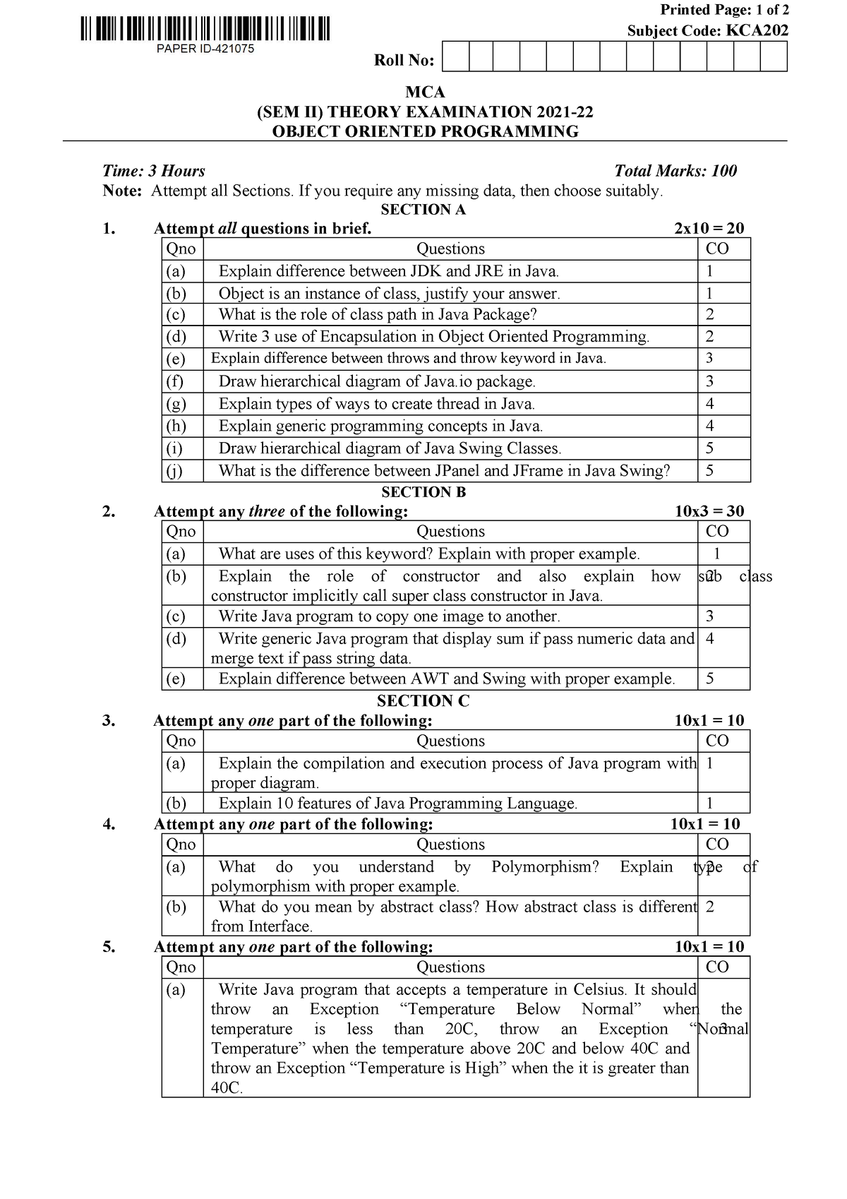 Mca 2 sem object oriented programming kca202 2022 - Printed Page: 1 of ...