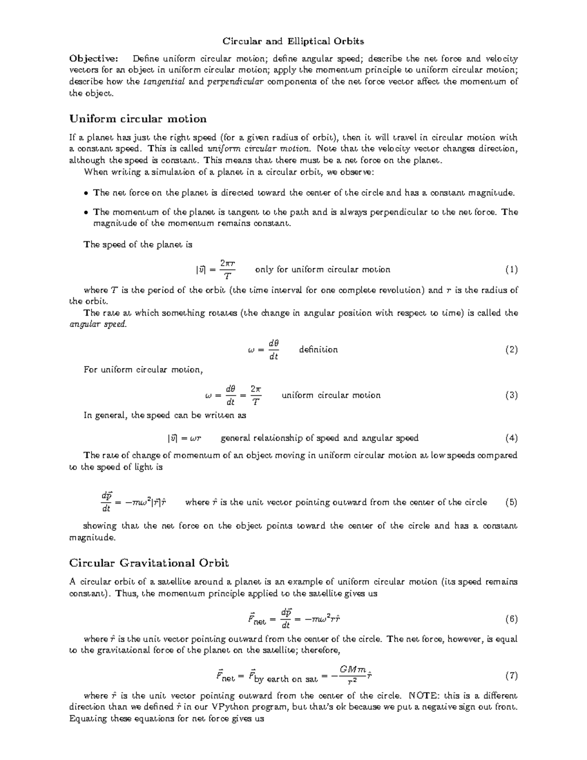 4 1 circular motion - class notes - Circular and Elliptical Orbits ...