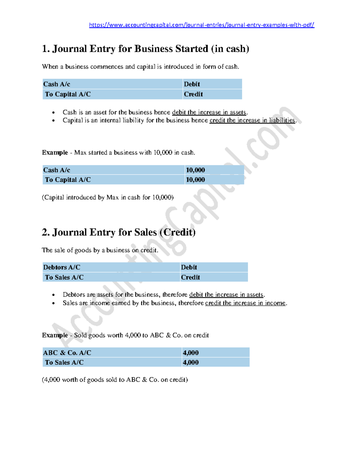 Journal Entry Examples PDF - 1. Journal Entry for Business Started (in ...