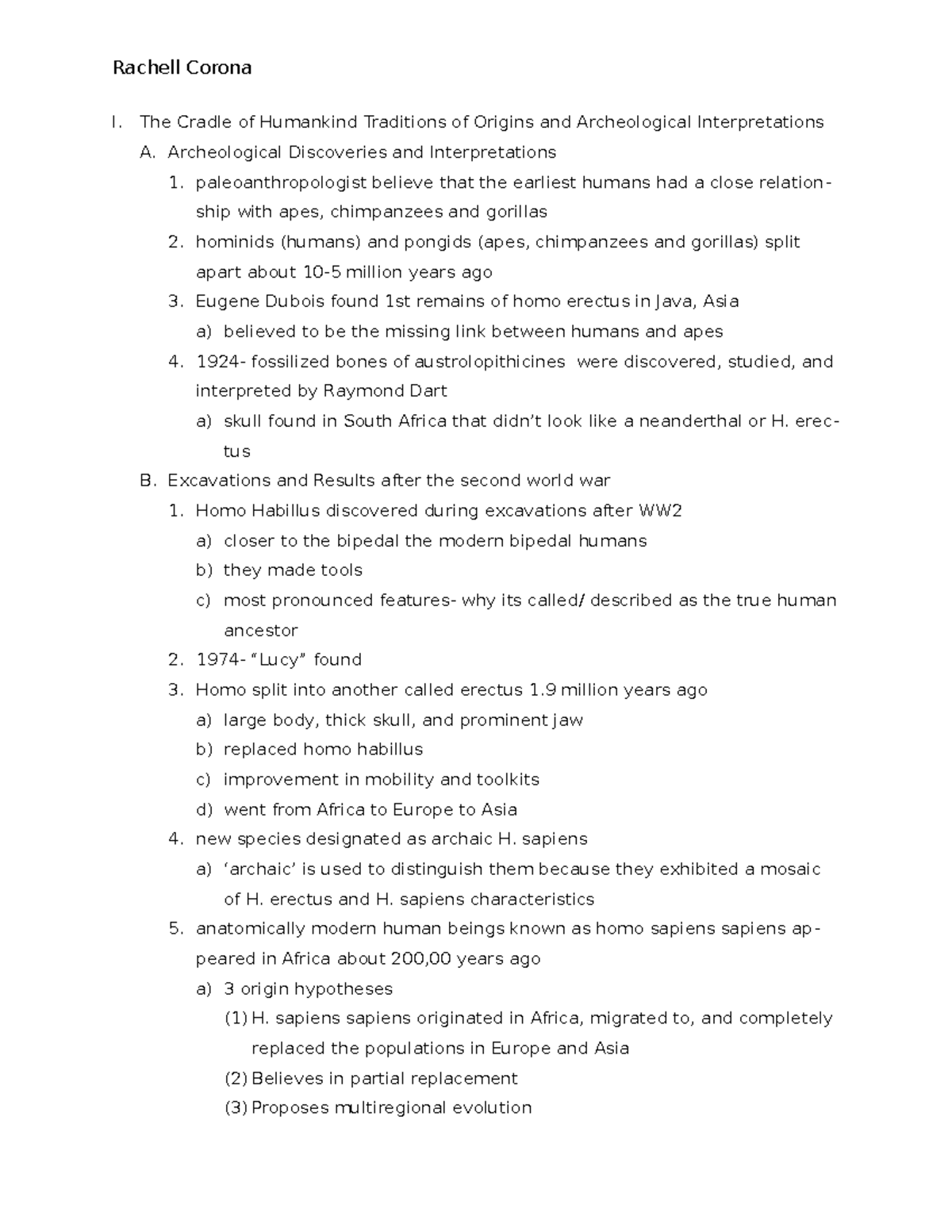 Chapter 3 outline - Rachell Corona I. The Cradle of Humankind ...